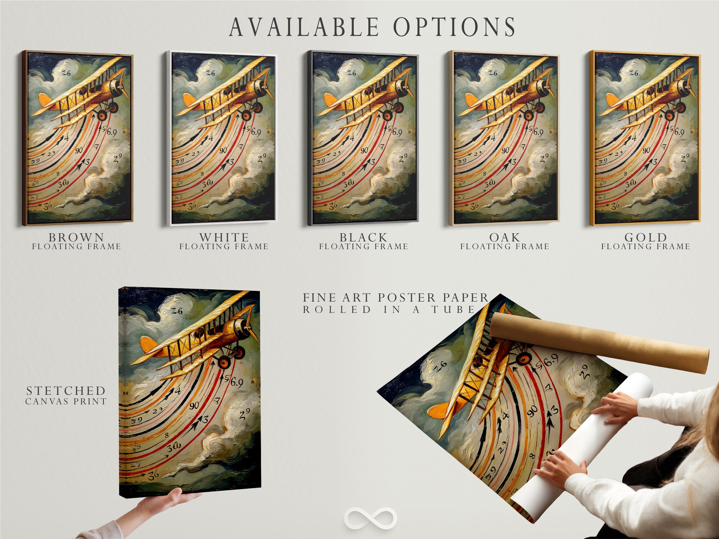 Available options for vintage airplane artwork are displayed. Options include a stretched canvas print fine art poster paper and floating frame. Customize your aviation decor to fit your style. Choose the perfect format for this retro biplane print. Enhance your living space today.