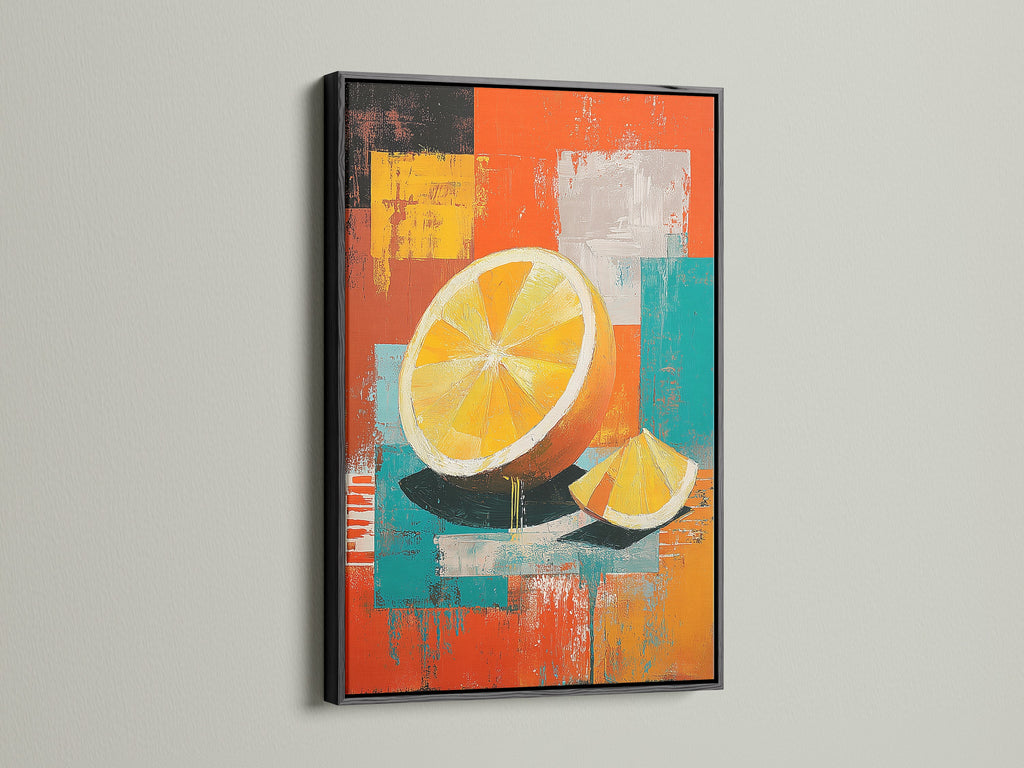 This image showcases the same fruit artwork in a black frame. A black frame adds a touch of sophistication. It makes the colors pop. Make a bold statement with framed art in black. Perfect for modern spaces. The contrast enhances the artwork.