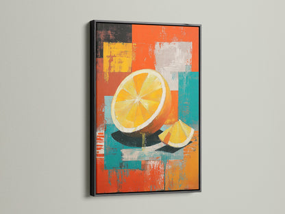 This image showcases the same fruit artwork in a black frame. A black frame adds a touch of sophistication. It makes the colors pop. Make a bold statement with framed art in black. Perfect for modern spaces. The contrast enhances the artwork.