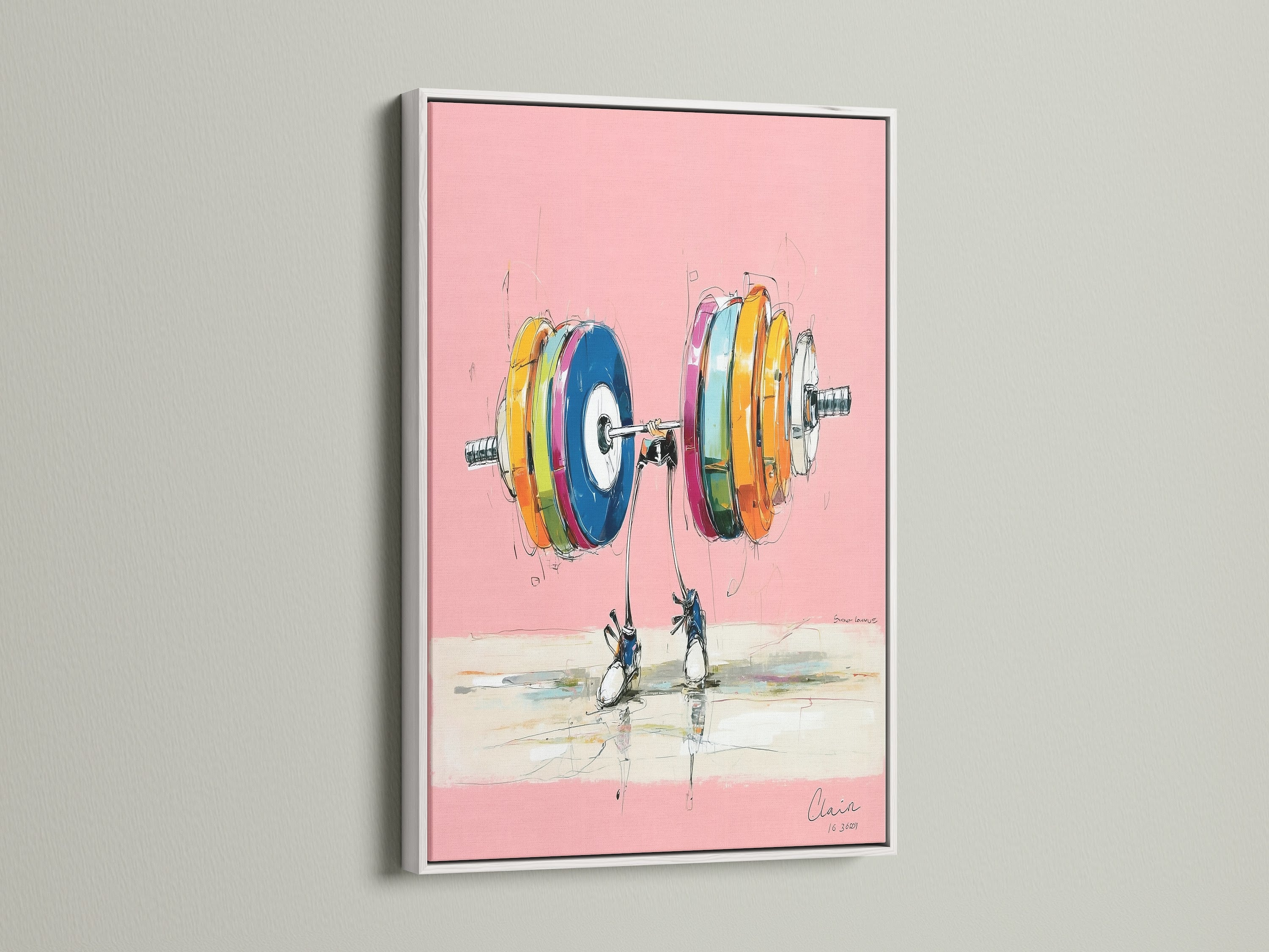 Weightlifting Artwork with a White Frame. This abstract fitness artwork makes great gym wall decor. Perfect for a fitness canvas or colorful artwork. It's an excellent piece of home gym art. Add this modern art print to your workout room