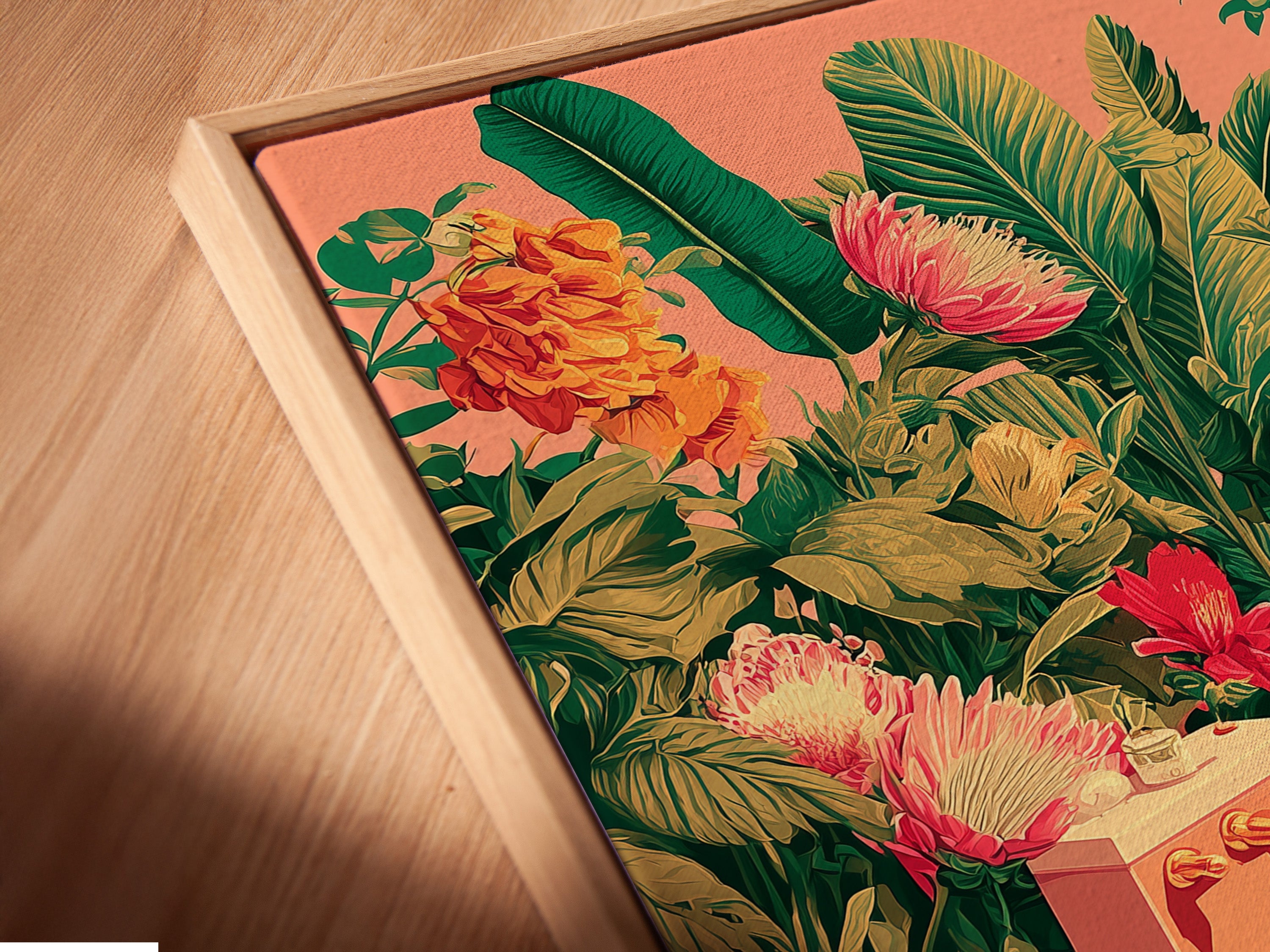 Get a close-up view of a canvas print in a floating frame. The canvas appears to float within the frame. It creates a modern gallery look. Our floating frames offer a unique display option. Experience art in a new dimension with our floating frames. Order yours today.