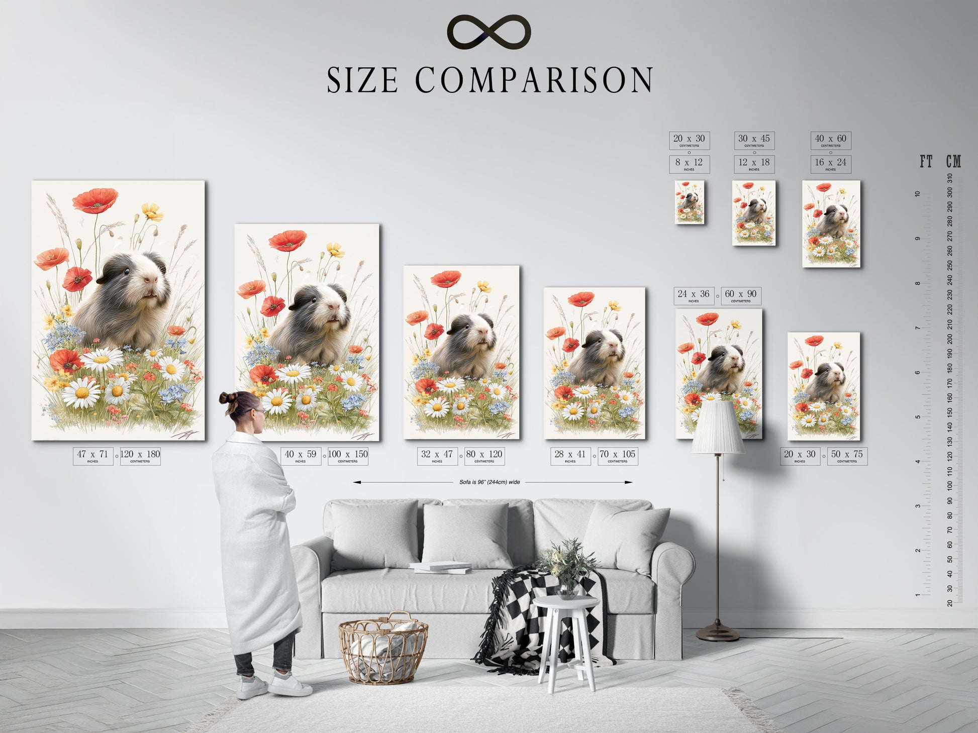 An interior scene featuring a size comparison chart. The chart helps visualize how different art sizes would look in a room. This tool aids in making informed decisions. It ensures the perfect fit for any space. It is great for planning your home decor.