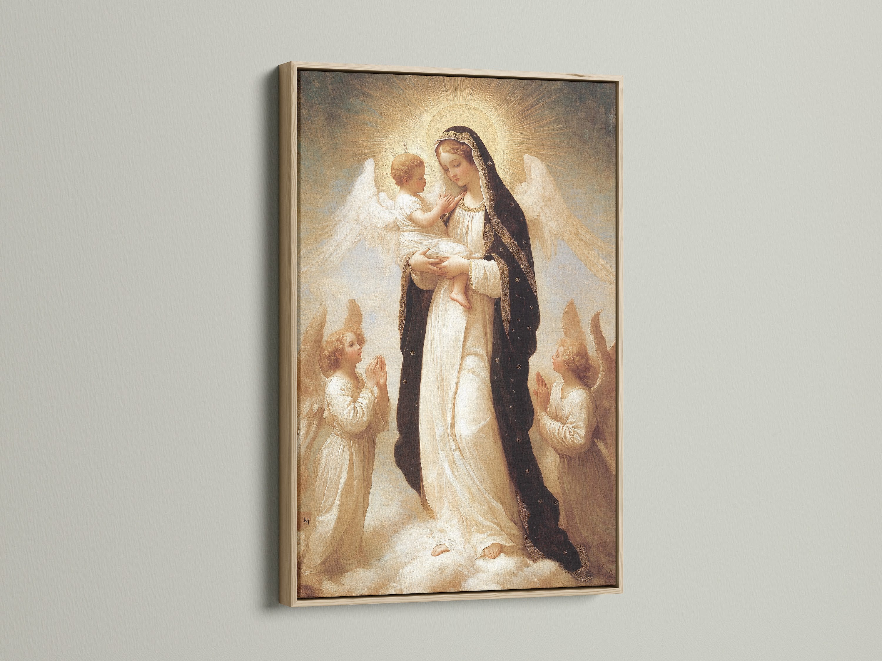 Religious artwork featuring the Virgin Mary and child. Angels surround them in a divine scene. The art is showcased within a simple oak frame. The frame enhances the art's traditional style.