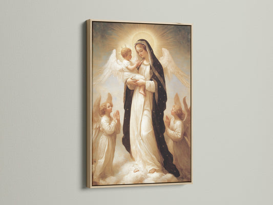 Religious artwork featuring the Virgin Mary and child. Angels surround them in a divine scene. The art is showcased within a simple oak frame. The frame enhances the art's traditional style.