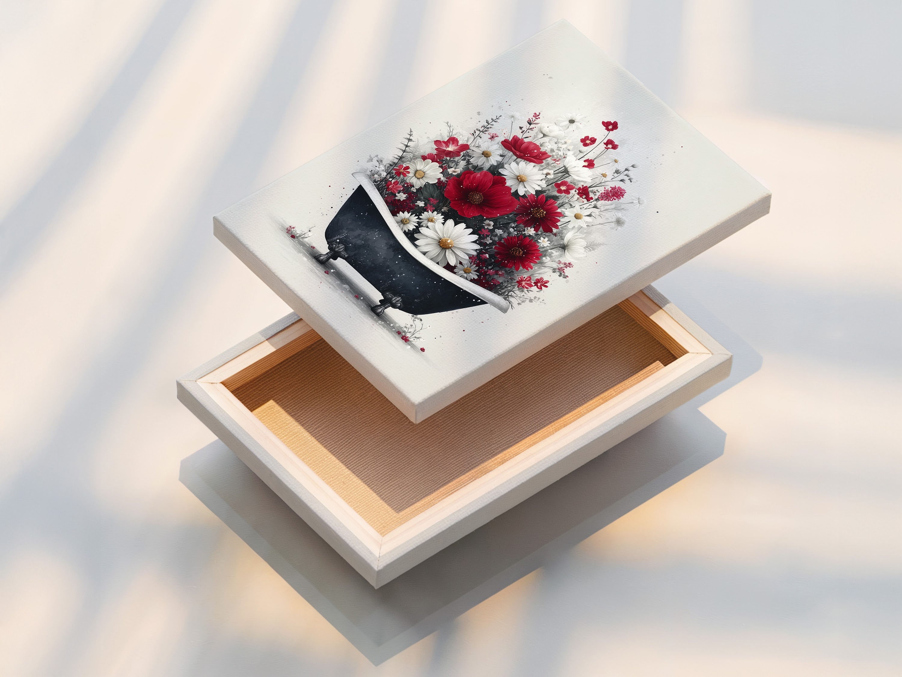A stretched canvas print of a floral bathtub artwork. The artwork features red and white flowers in a vintage bathtub. The stretched canvas print offers a gallery-wrapped look. Perfect for farmhouse wall art and cottagecore decor. Enhance your space with this vintage flower print.