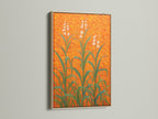 Floral Field Canvas artwork featuring a botanical print with orange wall art in an oak frame. The plant artwork enhances entryway decor. This modern art print adds a touch of nature. A perfect piece of floral wall decor. This field art print on botanical canvas adds an orange home decor element.