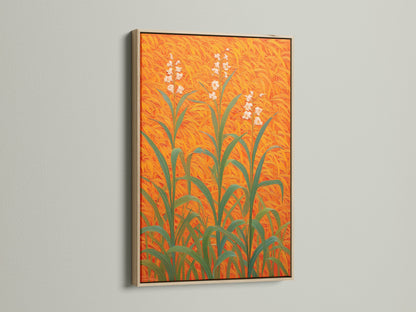 Floral Field Canvas artwork featuring a botanical print with orange wall art in an oak frame. The plant artwork enhances entryway decor. This modern art print adds a touch of nature. A perfect piece of floral wall decor. This field art print on botanical canvas adds an orange home decor element.