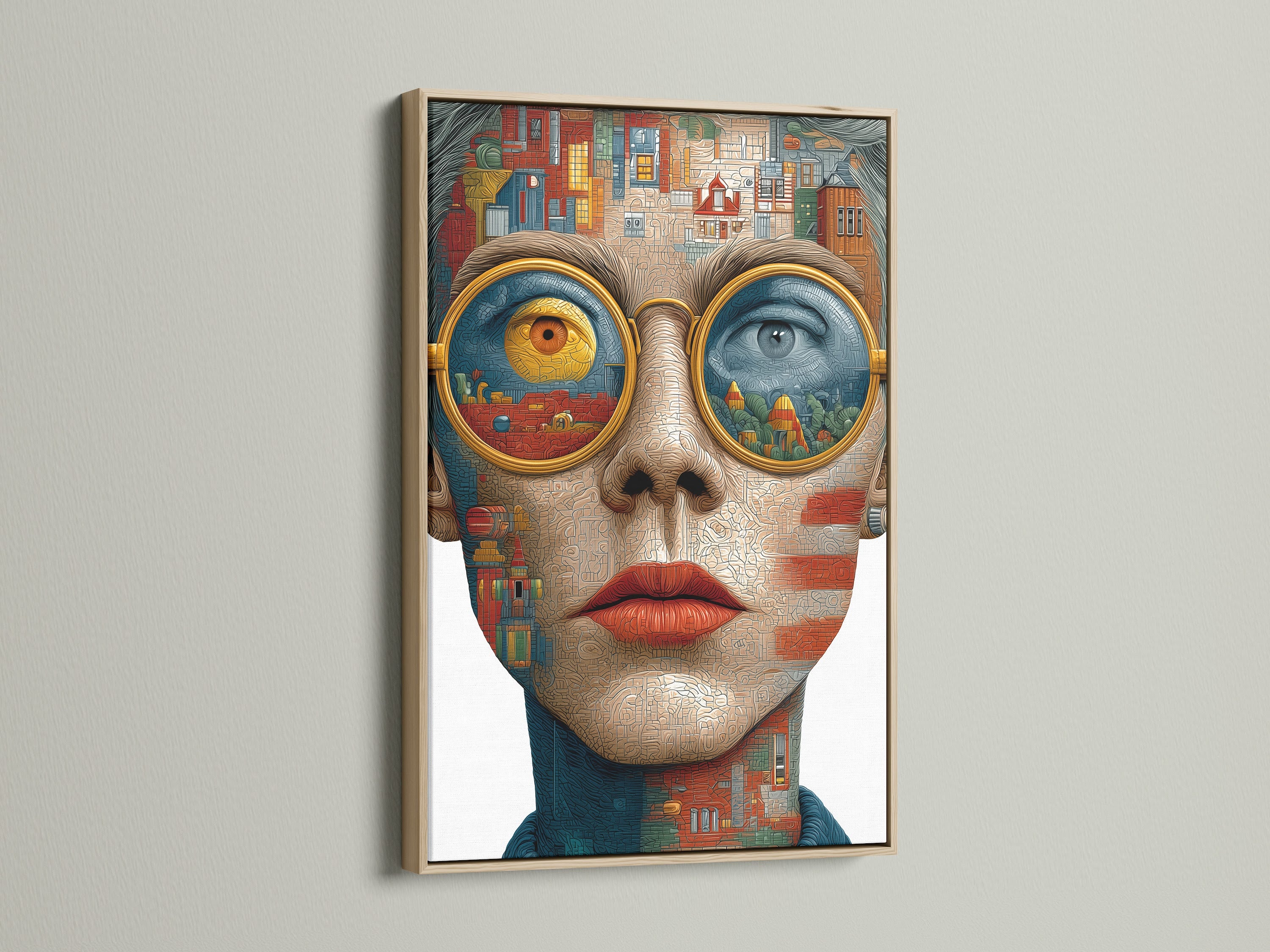 Surreal Portrait Canvas Art with an oak frame. This abstract woman face print is a contemporary artwork. Perfect for study wall art home office art and living room decor. The oak frame is a medium brown color with a visible wood grain. It brings a warm and natural feel to the artwork.