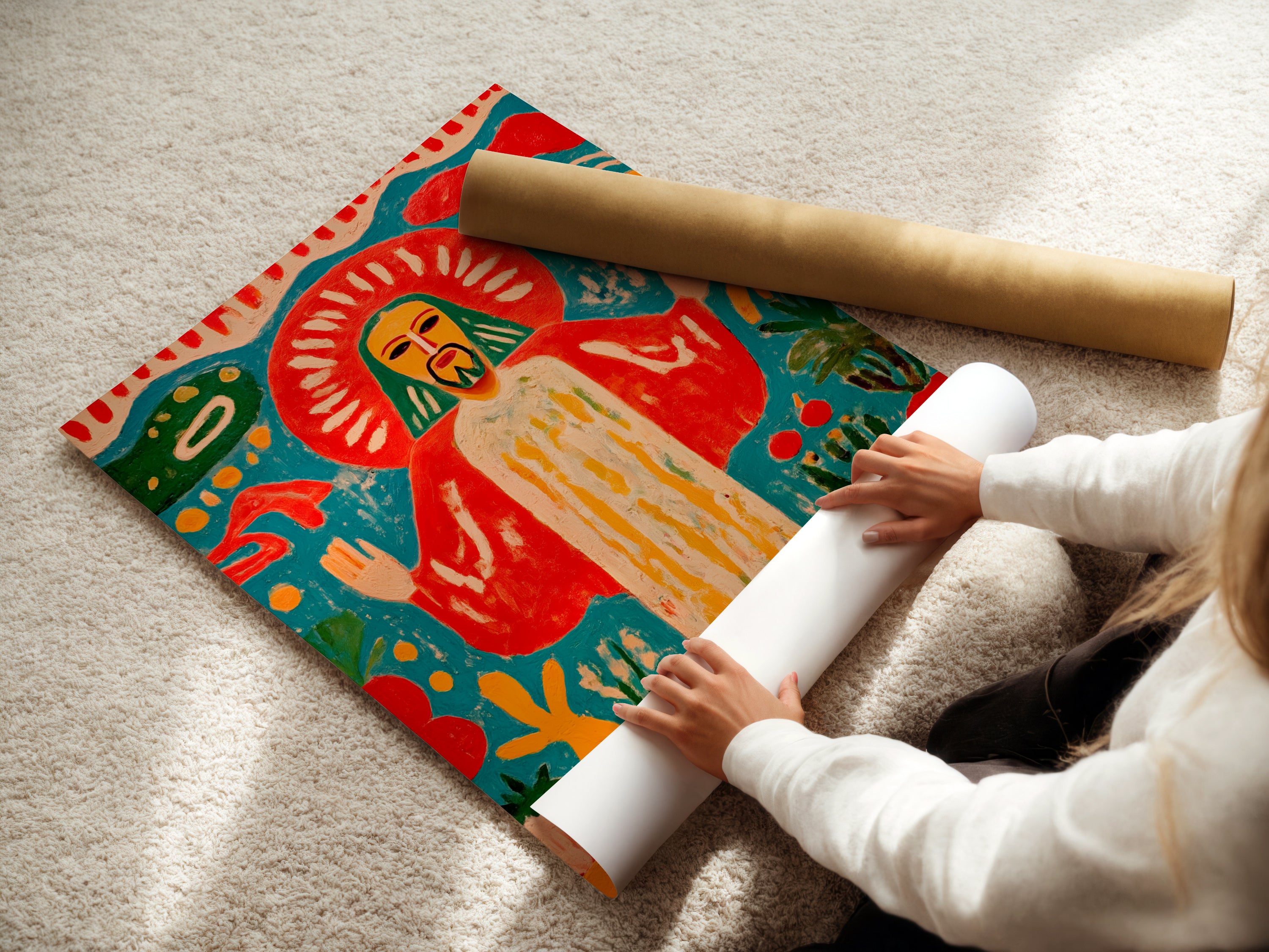 A woman is rolling a fine art poster paper. This sacred heart artwork is vibrant. The folk art print is colorful. This religious wall art offers spiritual decor. The bohemian eclectic style is a great addition to your home.