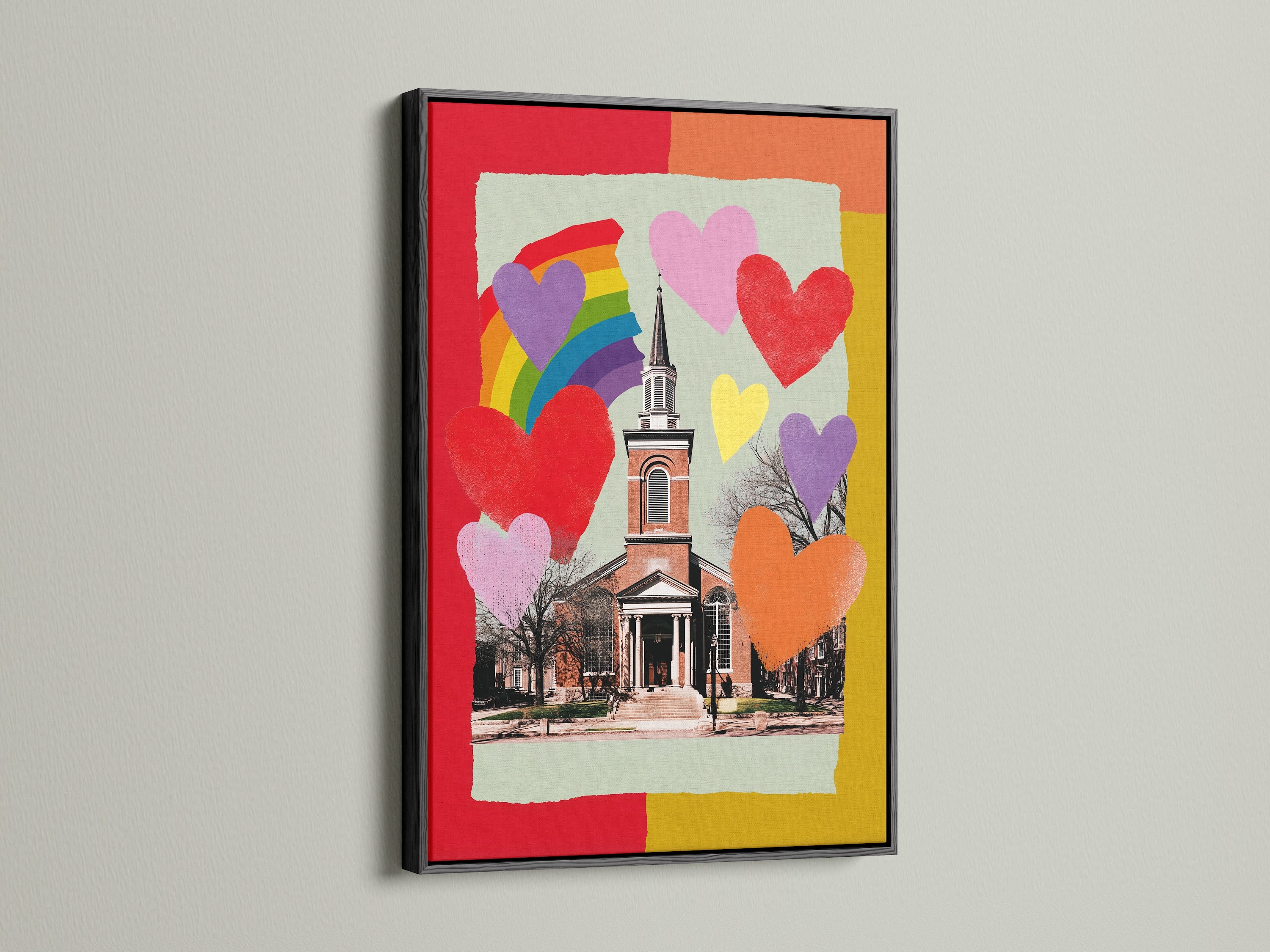 A framed artwork with a black frame is displayed on a white wall. The art features a church with hearts and a rainbow. The black frame creates a bold and striking contrast. Find the perfect black frame to make your art pop.