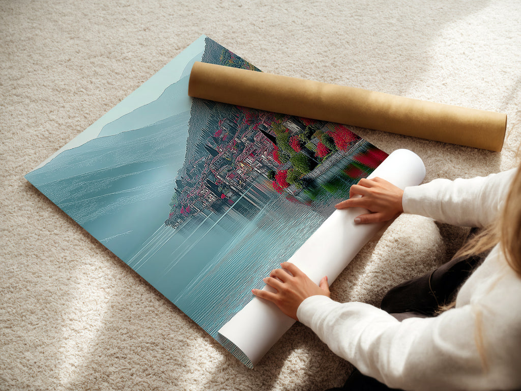 A woman is carefully rolling a fine art poster paper print of Lake Como Italy. This shows the care and quality of the print. The teal mountain landscape is vibrant. Ideal for framing or hanging as is. The Italian coastal wall art is perfect for any home. Bring the beauty of Europe into your space.