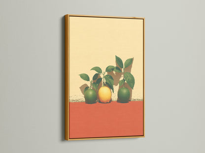 Citrus Fruit Artwork in a gold frame. The gold frame adds a touch of elegance to this botanical decor. This vibrant wall art is perfect for a modern kitchen. The still life print brings a pop of color. A colorful artwork choice.