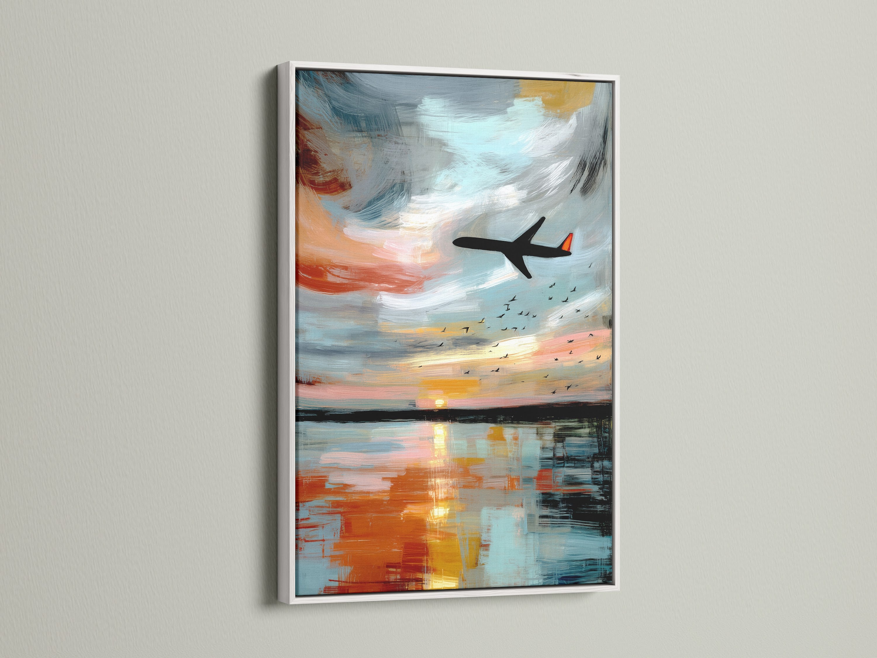 Modern airplane artwork in a white frame. This aviation print features a sunset reflection. The white frame complements the abstract wall art. Perfect for adding a touch of modern art to any room. A beautiful airplane poster.