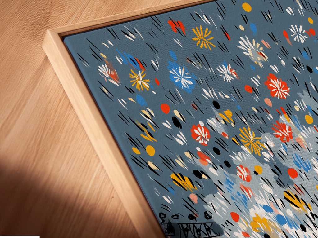 A close up angled view of a canvas print in floating frame. See the details of this fight night boxing artwork. Perfect for sports wall art in a contemporary style.  This canvas print offers a modern touch to any man cave or sports bar decor.