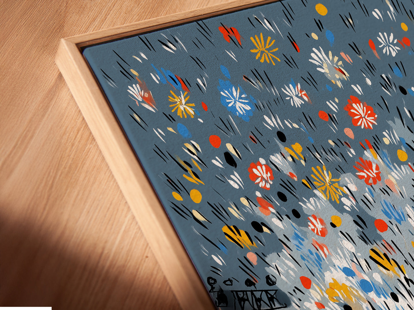 A close up angled view of a canvas print in floating frame. See the details of this fight night boxing artwork. Perfect for sports wall art in a contemporary style.  This canvas print offers a modern touch to any man cave or sports bar decor.