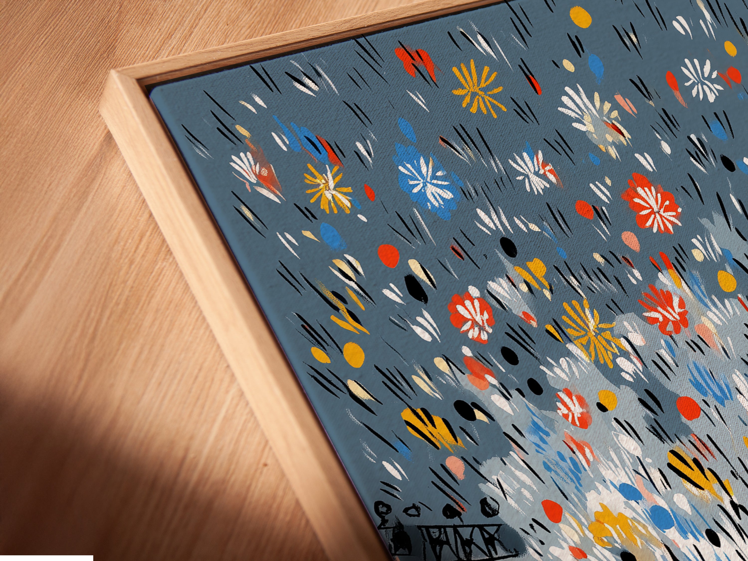 A close up angled view of a canvas print in floating frame. See the details of this fight night boxing artwork. Perfect for sports wall art in a contemporary style.  This canvas print offers a modern touch to any man cave or sports bar decor.