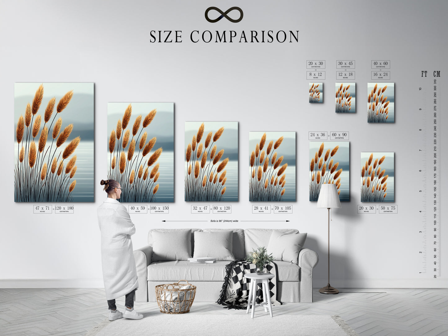 This size comparison chart is displayed in an interior setting. It shows various dimensions for pampas grass artwork. The chart helps visualize the perfect fit for any room. It is ideal for planning bedroom wall decor.