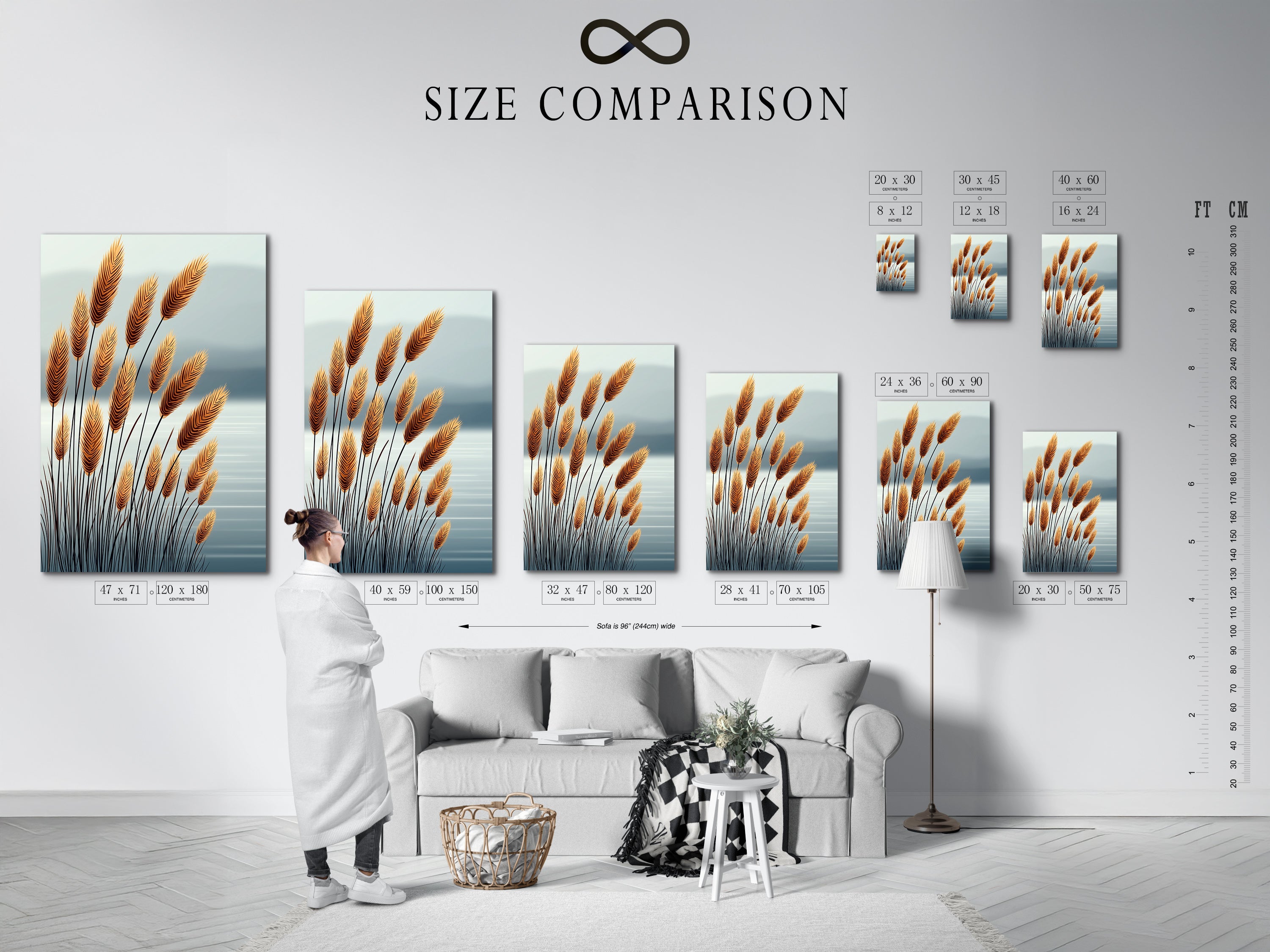 This size comparison chart is displayed in an interior setting. It shows various dimensions for pampas grass artwork. The chart helps visualize the perfect fit for any room. It is ideal for planning bedroom wall decor.