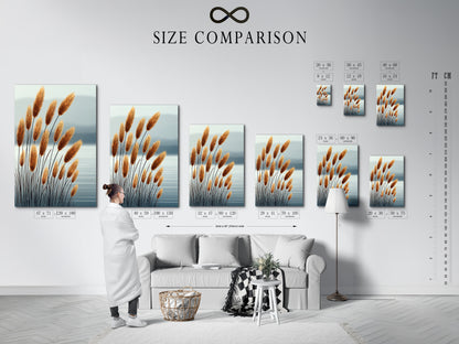 This size comparison chart is displayed in an interior setting. It shows various dimensions for pampas grass artwork. The chart helps visualize the perfect fit for any room. It is ideal for planning bedroom wall decor.