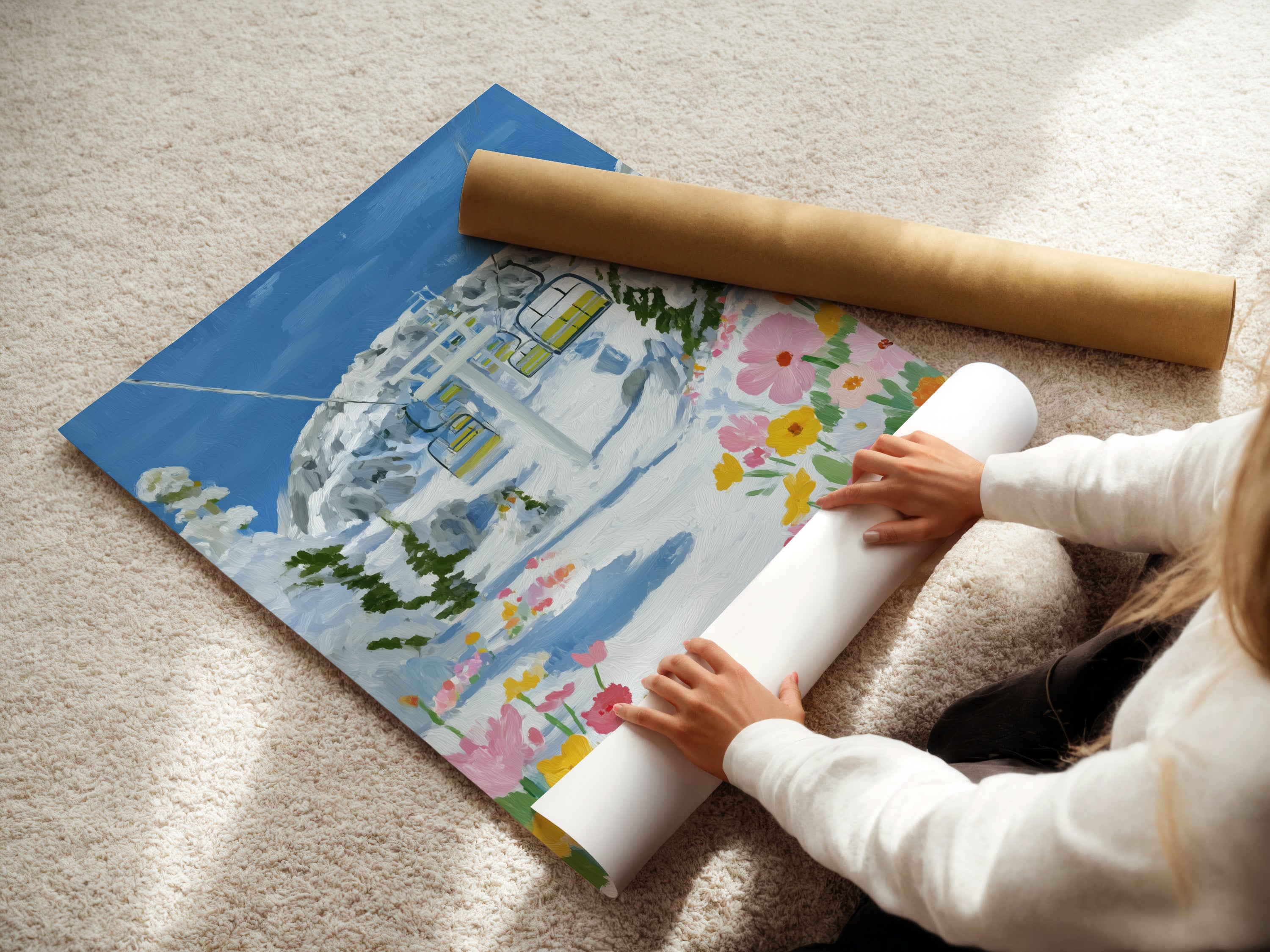 A woman rolls fine art poster paper. The Ski Lift winter landscape artwork is ready for framing. Perfect for adding an alpine touch to your home. Ideal for homeowners and interior decorators.