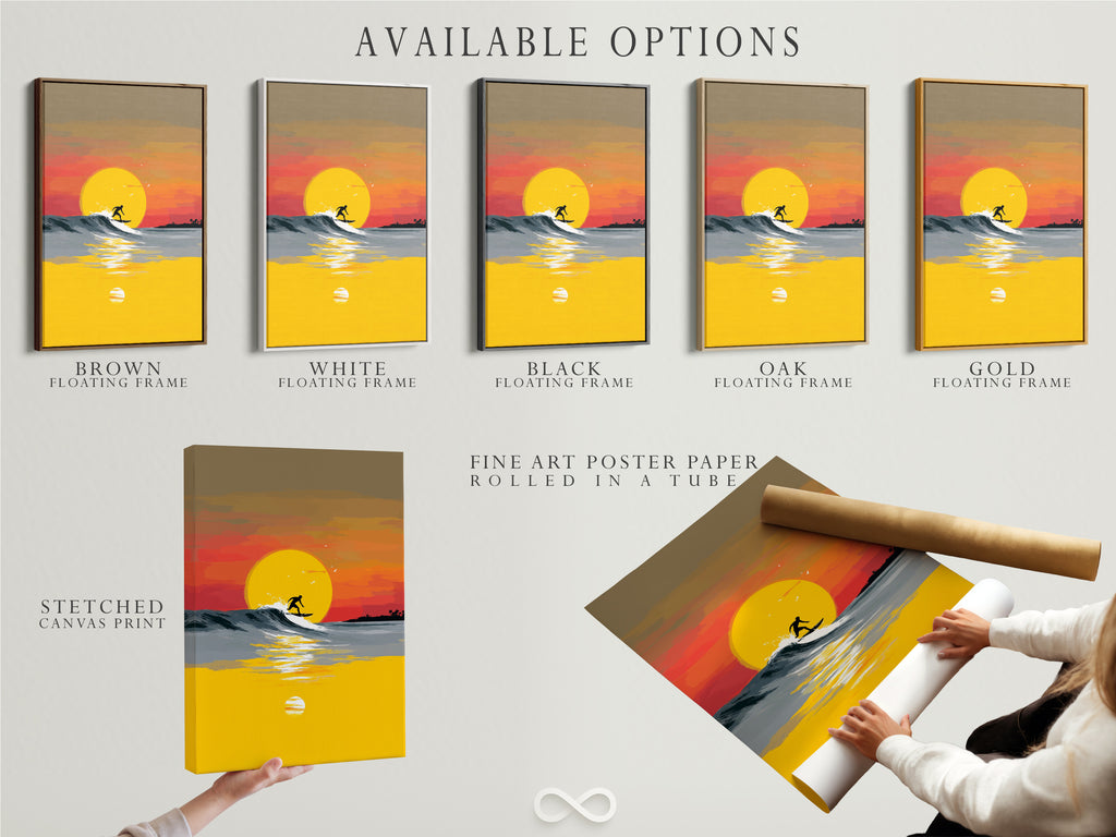 Explore our available options for coastal artwork. Choose from stretched canvas prints fine art poster paper or floating frames. This Surfing Canvas Print features a stunning sunset wave. Customize your ocean art to fit your unique style. Perfect for any coastal themed space.