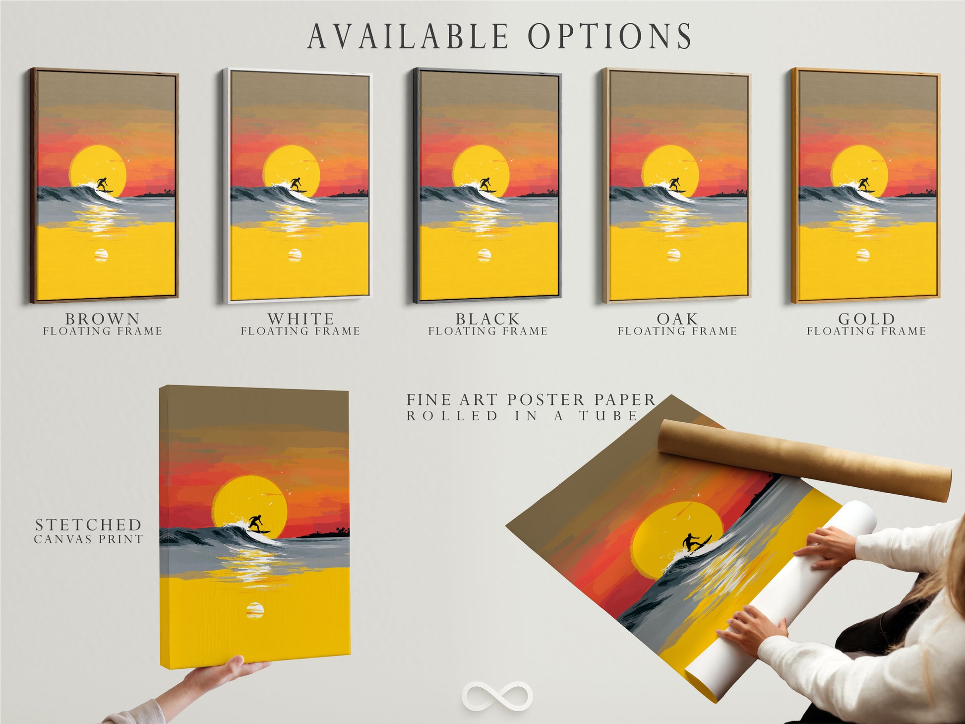 Explore our available options for coastal artwork. Choose from stretched canvas prints fine art poster paper or floating frames. This Surfing Canvas Print features a stunning sunset wave. Customize your ocean art to fit your unique style. Perfect for any coastal themed space.