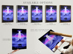 Here is a display of available options. It shows the stretched canvas print. It also shows the fine art poster paper and floating frame options. The UFO Abduction artwork can be customized. Choose the perfect format for your sci-fi landscape art. This artwork is perfect for any space.
