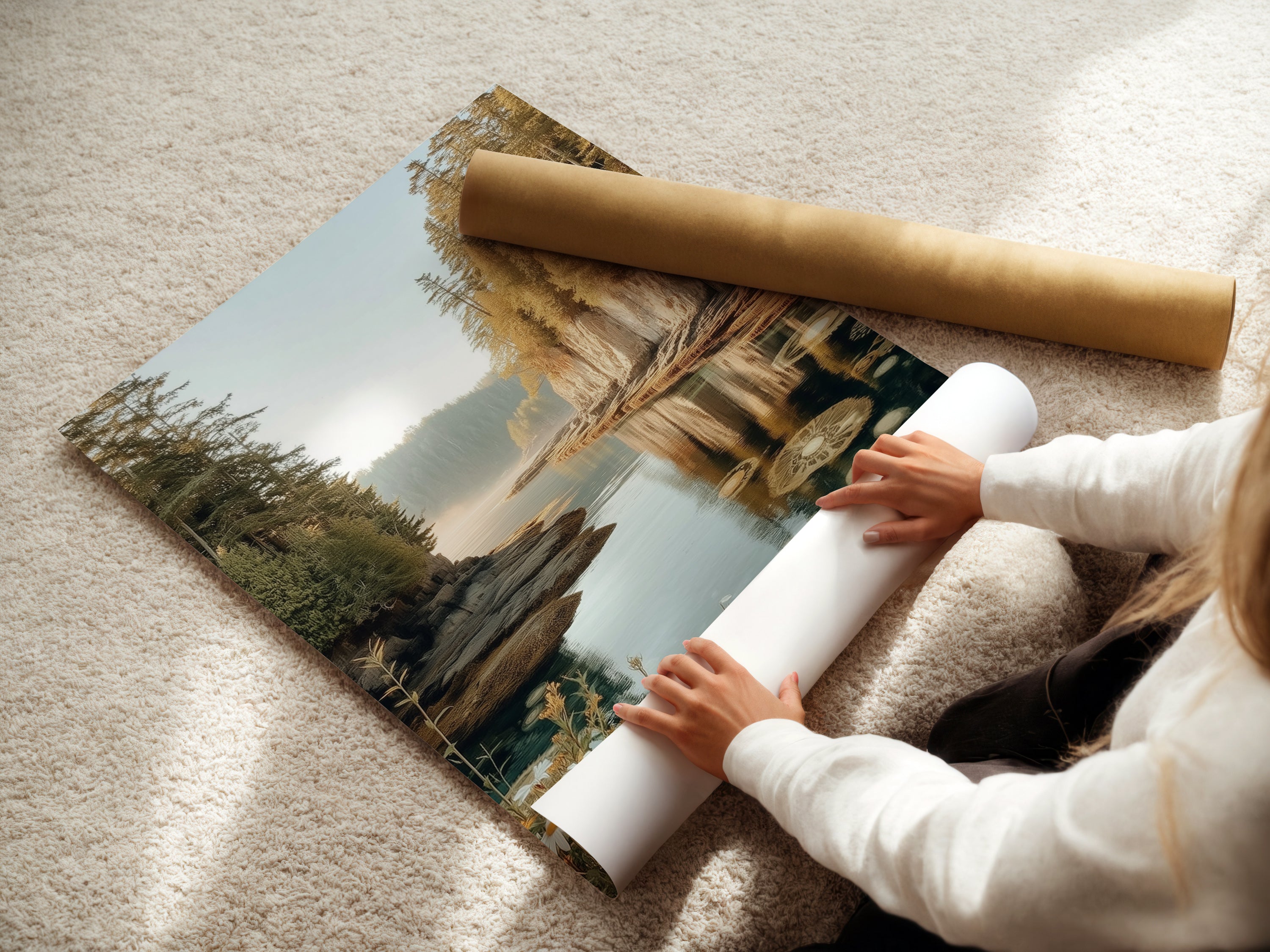 A woman carefully rolls a fine art poster paper. This high-quality paper ensures your lake reflection art looks its best. Perfect for homeowners and renters seeking elevated artwork. Experience the beauty of autumn forest prints on premium paper.