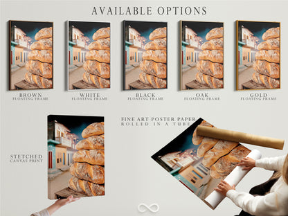 Available options for the bread artwork are displayed. Choose between a stretched canvas print fine art poster paper or floating frame. Customize your kitchen art and cafe decor. Perfect for any bread lover.