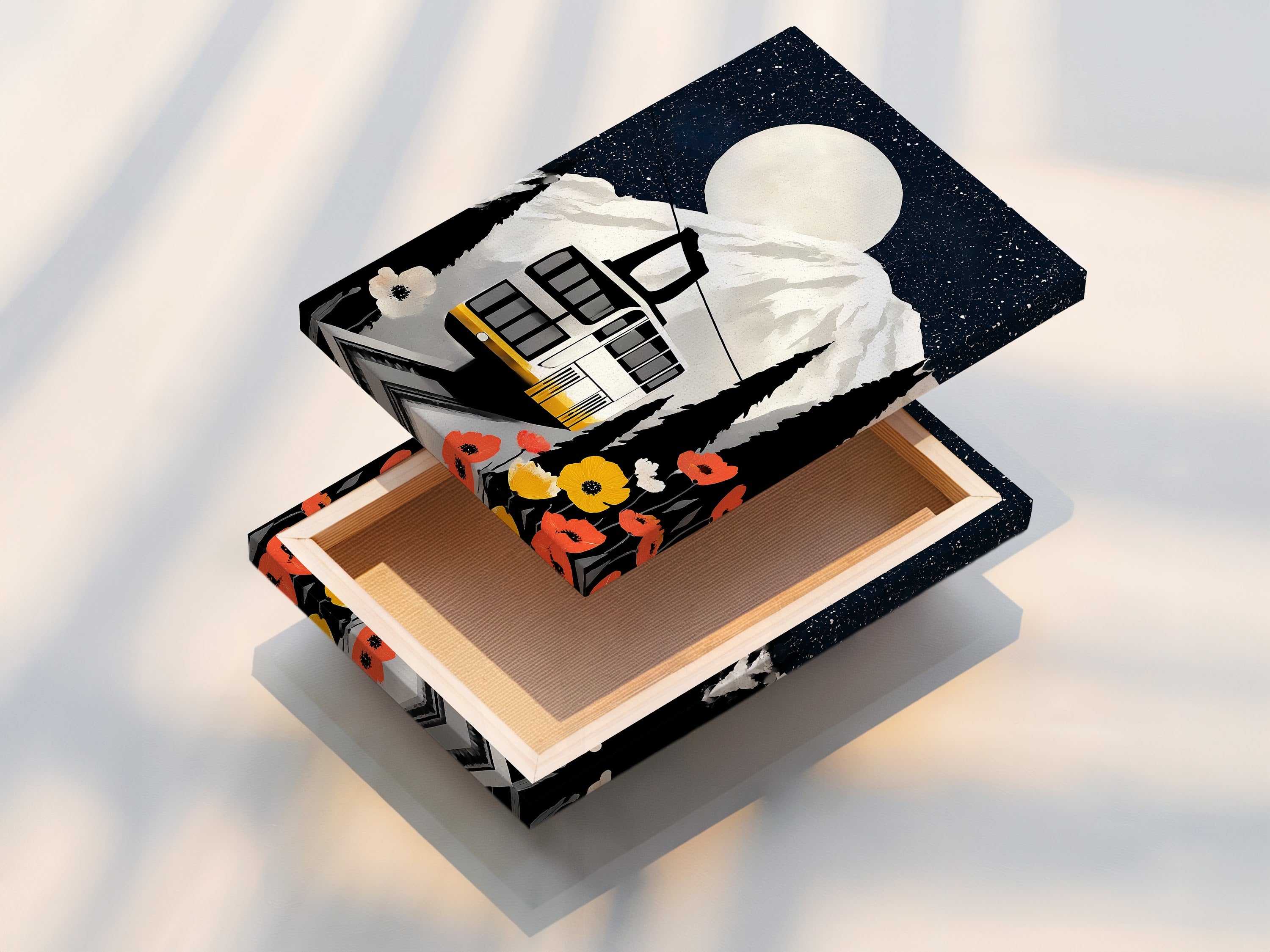 A stretched canvas print displays Mountain Railway art. The vintage cable car canvas wall art adds alpine adventure decor. It is perfect for living rooms bedrooms offices ski lodges cabins and boutique hotels. This is lodge-style decor.