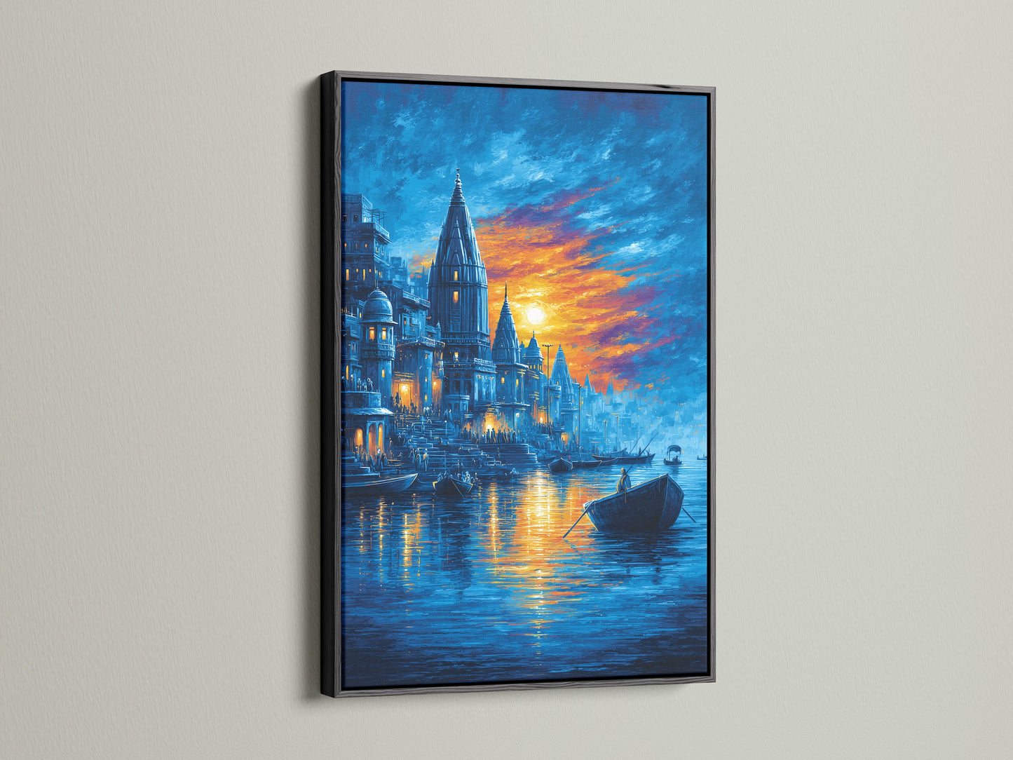 Varanasi Sunset Wall Artwork is strikingly showcased in a black frame. This Indian temple canvas print adds a touch of elegance to your space. The sacred river painting is perfect for meditation rooms. The contrast of the black frame accentuates the blue and orange hues. It is ideal for creating a focal point.