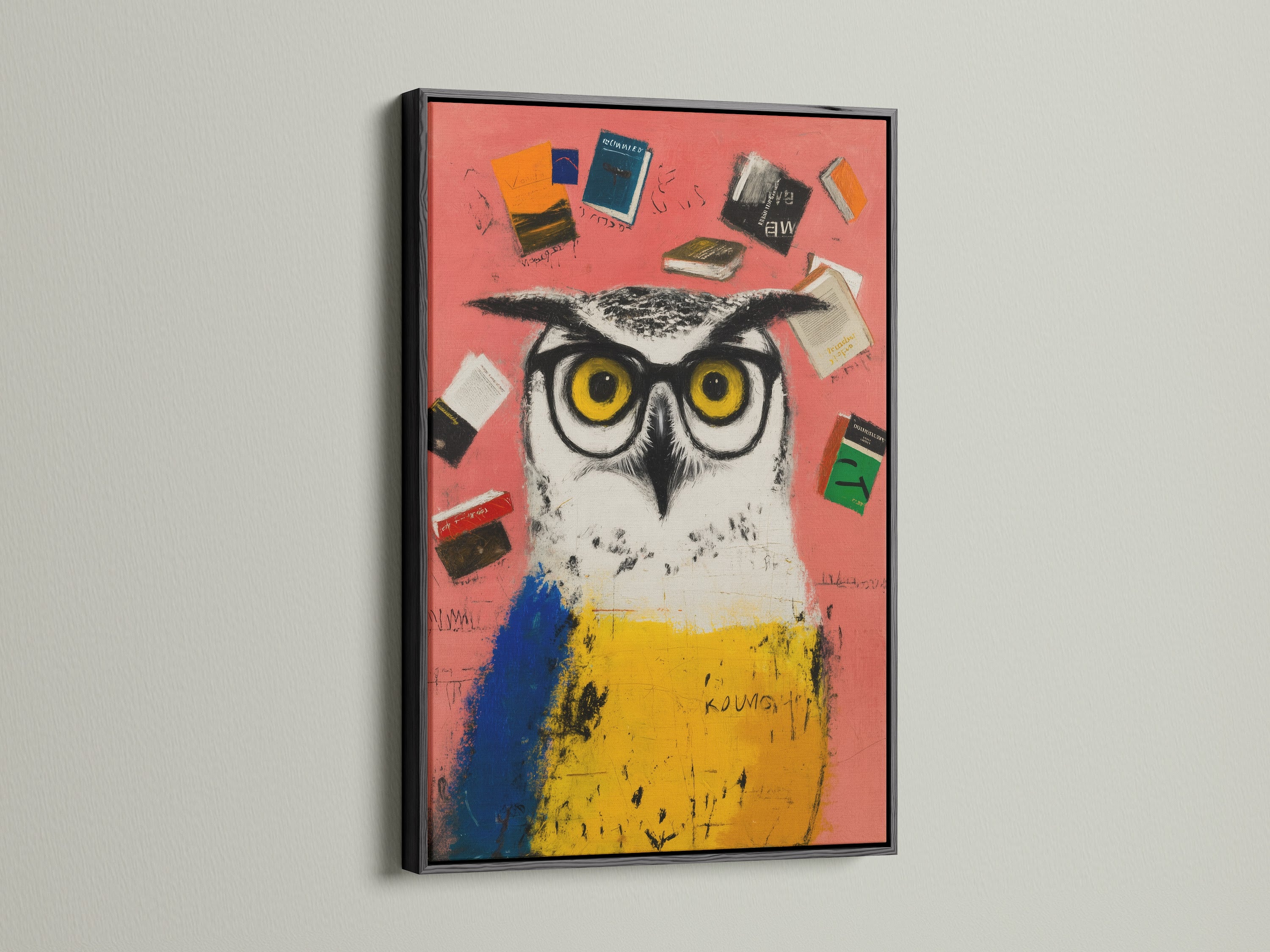 Scholarly Owl artwork print with a black frame. This animal wall art is a striking addition to any space. The black frame adds a touch of sophistication. Ideal for study rooms or libraries. This whimsical art print makes a great student gift. Enhance your decor with this quirky piece.