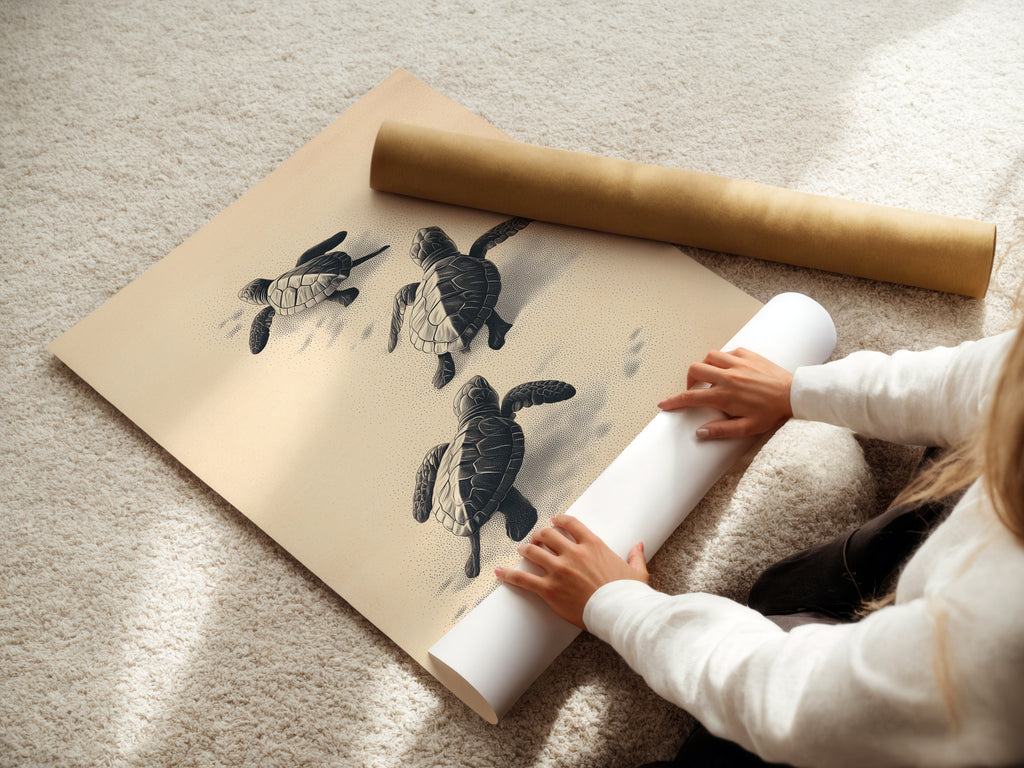 A woman is carefully rolling a fine art poster paper. The high-quality paper ensures a beautiful print. Perfect for creating stunning coastal wall art. Ideal for nurseries and beach houses.