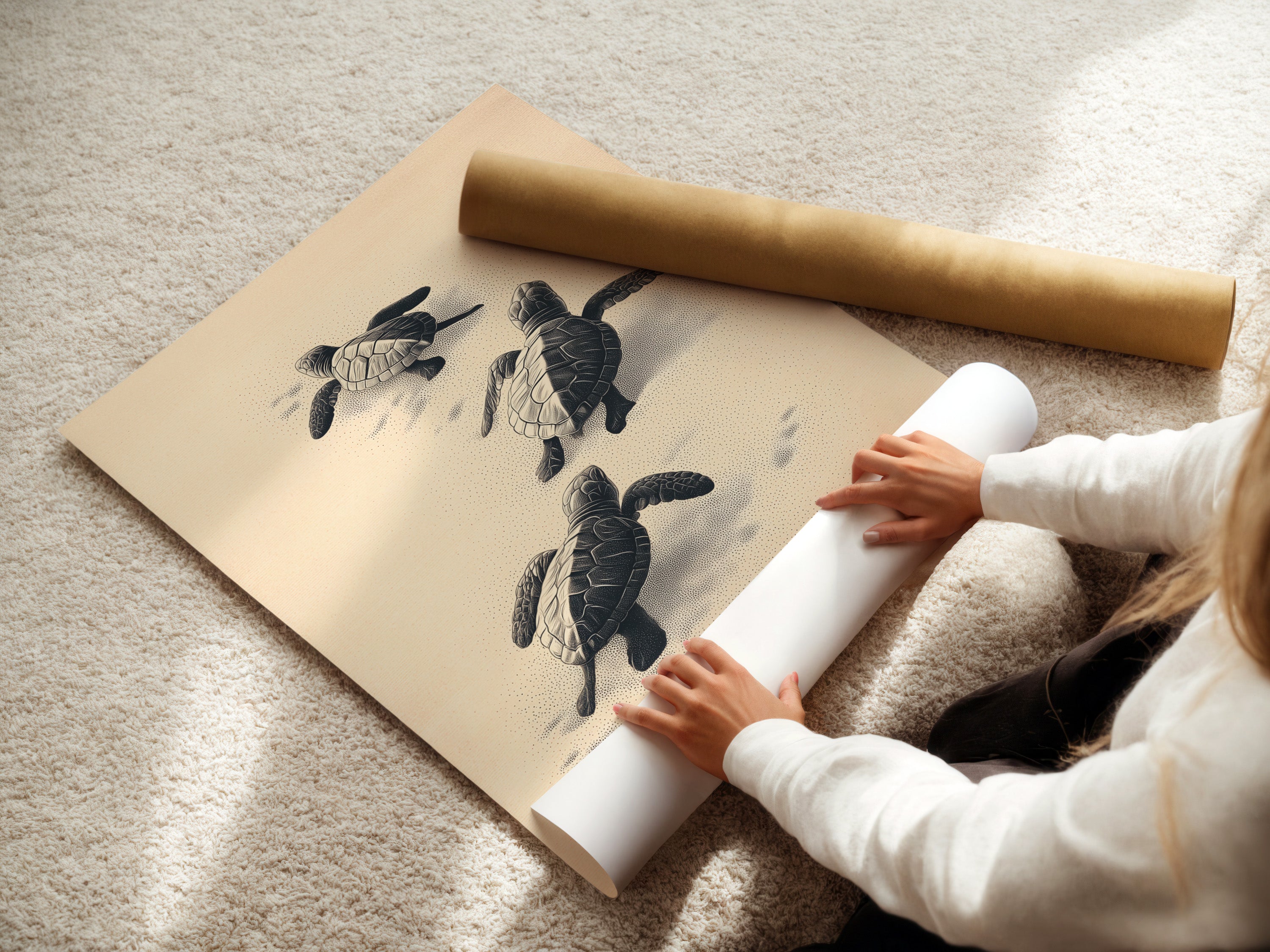 A woman is carefully rolling a fine art poster paper. The high-quality paper ensures a beautiful print. Perfect for creating stunning coastal wall art. Ideal for nurseries and beach houses.
