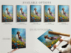 Available options for artwork. Choose between a stretched canvas print fine art poster paper or a floating frame. Each option offers a unique way to display the beautiful couple in a flower field artwork.
