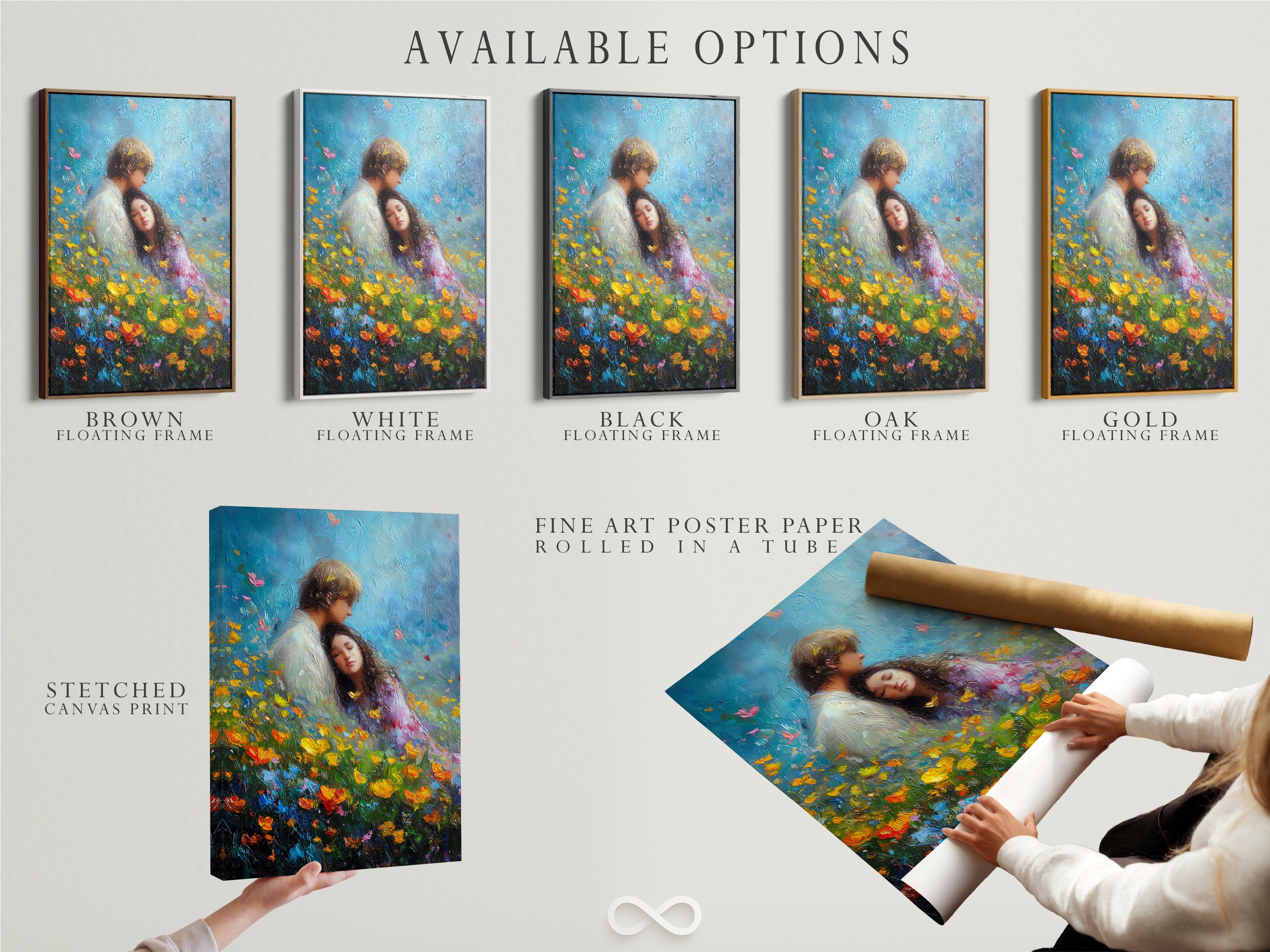 Available options for artwork. Choose between a stretched canvas print fine art poster paper or a floating frame. Each option offers a unique way to display the beautiful couple in a flower field artwork.