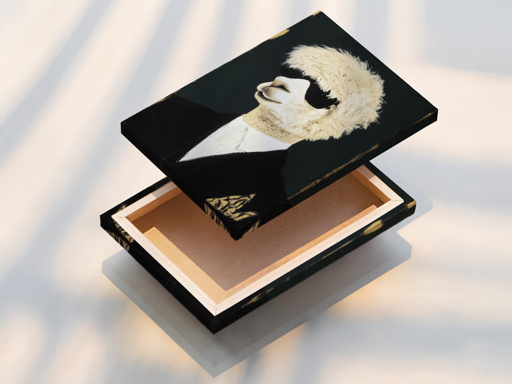 A stretched canvas print of the Cool Llama Art Print. This quirky animal wall art is ready to hang. The stretched canvas print offers a gallery-wrapped look. It is perfect for office wall art or living room wall art.