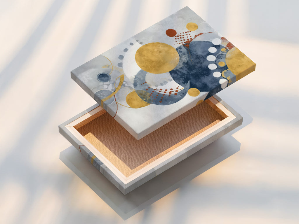 This is a stretched canvas print. Modern abstract artwork featuring blue and gold circles. This artwork adds a contemporary touch to any wall. Perfect for home or office decor.