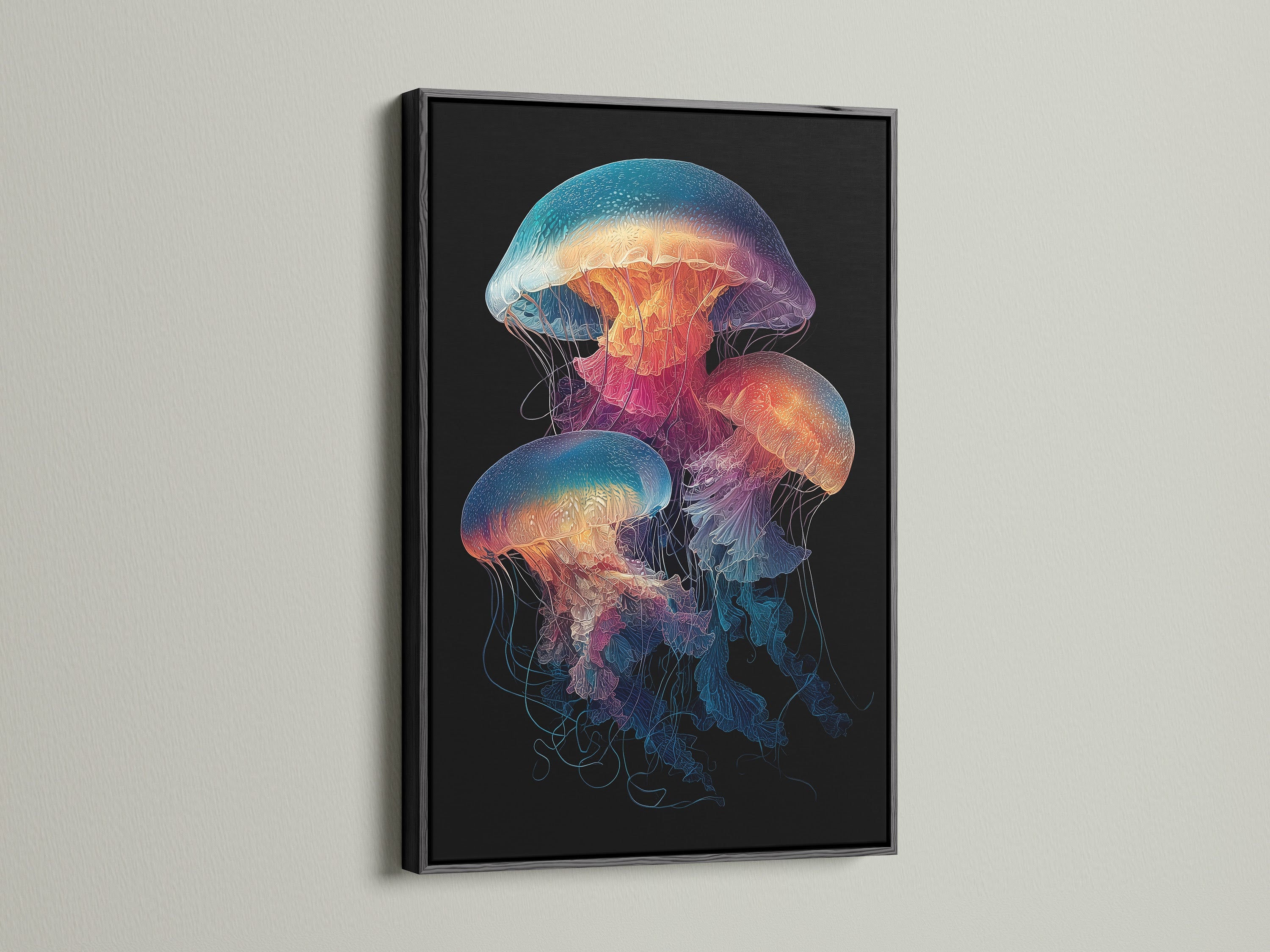 A striking jellyfish artwork is presented in a black frame. This sea life artwork is a bold choice for modern spaces. The ocean canvas enhances minimalist Scandinavian or eclectic styles. This marine life print makes a statement in bathroom wall art living room wall decor or coastal homes.