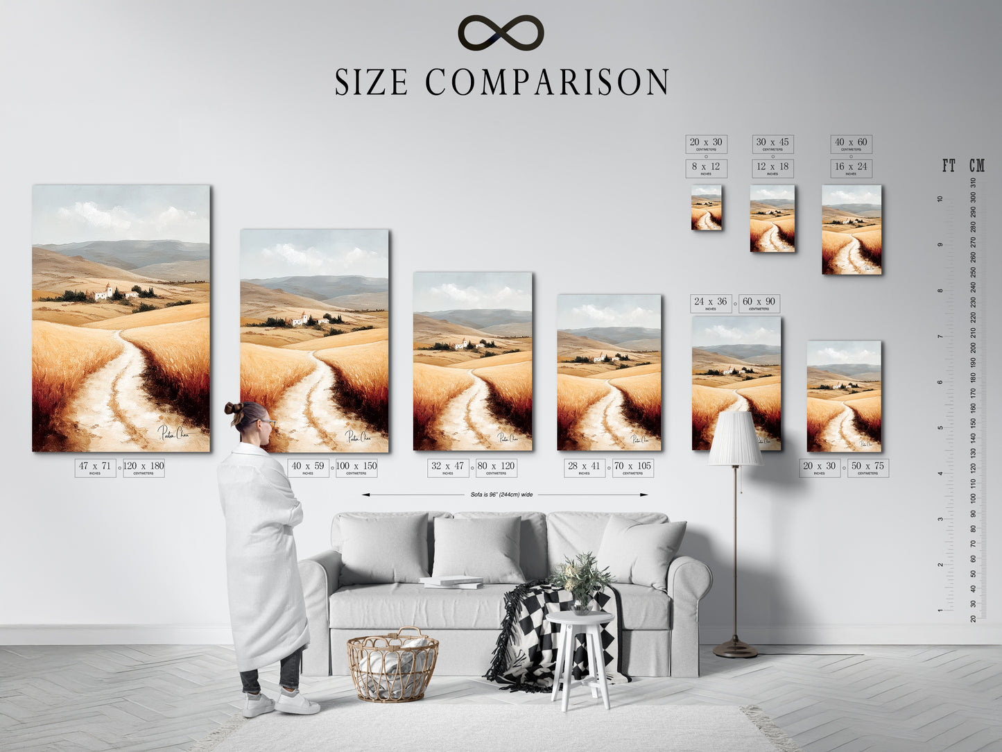 Size comparison chart in an interior setting featuring Tuscan Landscape artwork. This Italy art print is perfect for farmhouse decor. The neutral tone art highlights the Italian scenery. See how this wheat field art fits in various spaces. Ideal rustic wall art for any room.