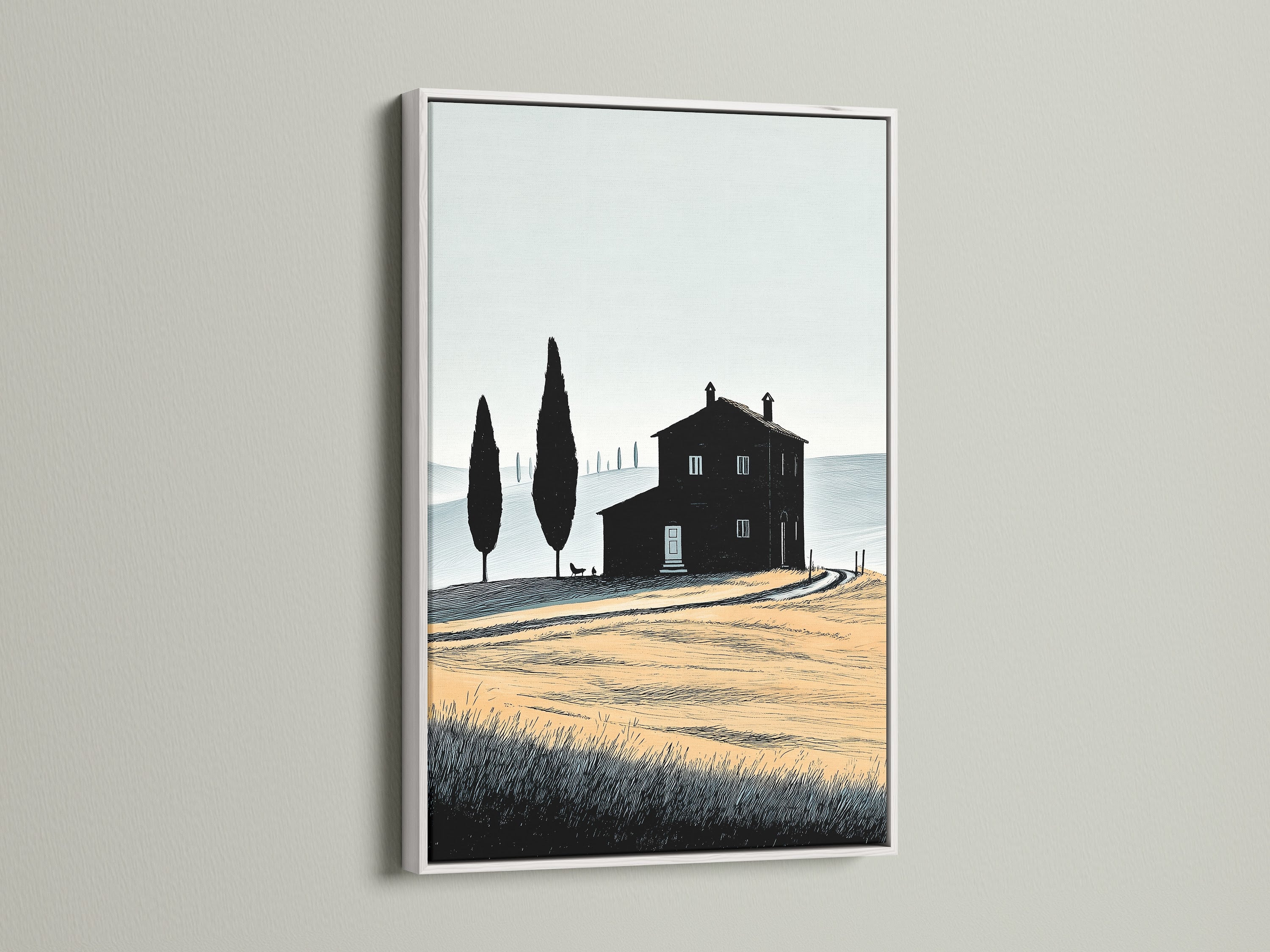 Tuscan Farmhouse artwork with a white frame. This countryside print captures the beauty of the Italian landscape. Ideal wall art for farmhouse decor bringing rustic elegance to any room.