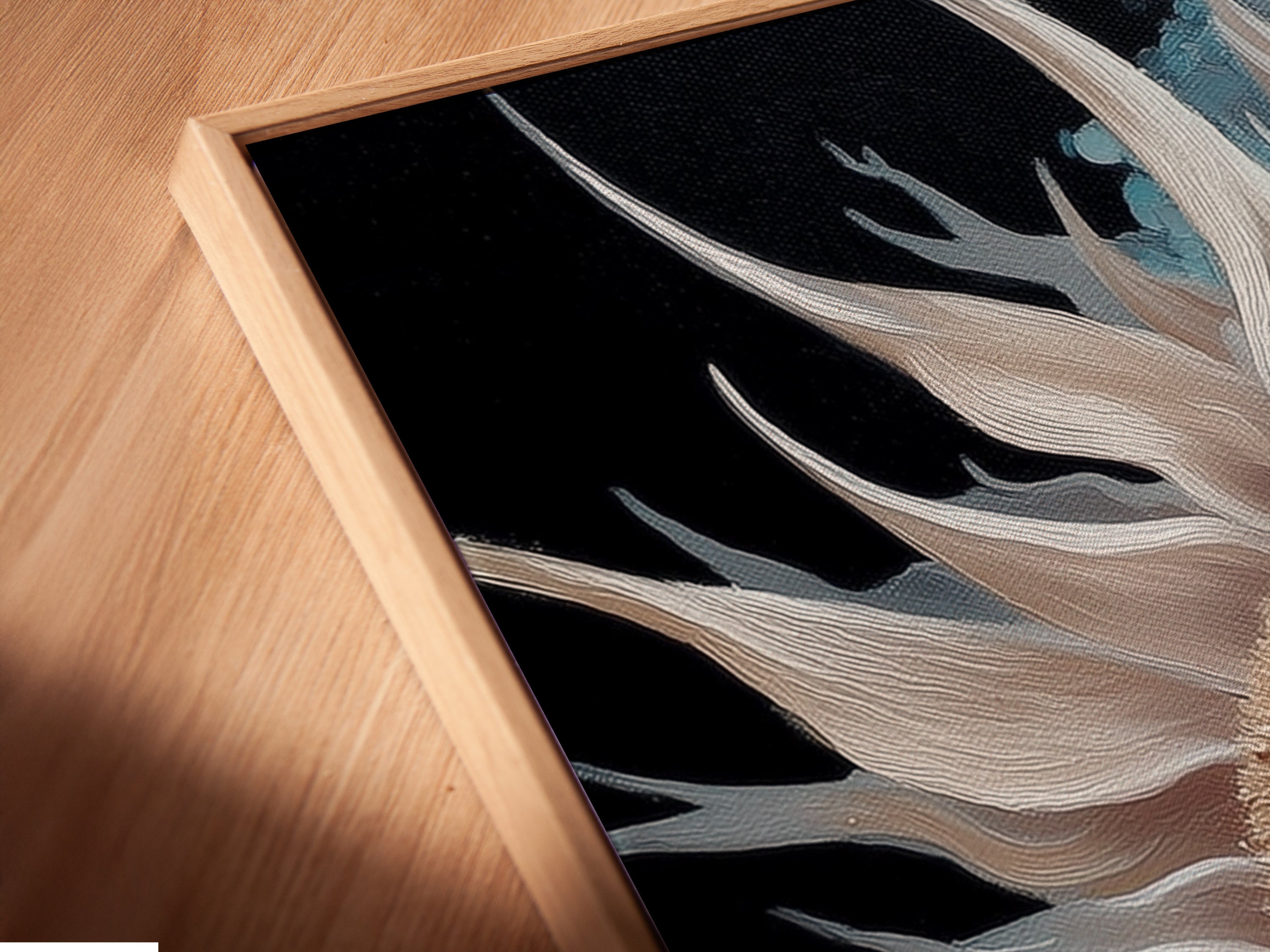 A close-up of a beige sunflower canvas print in a floating frame. The modern botanical artwork enhances any room. The neutral floral artwork complements scandi decor. See the texture and detail of this flower artwork. It is perfect for adding elegance to your living space.