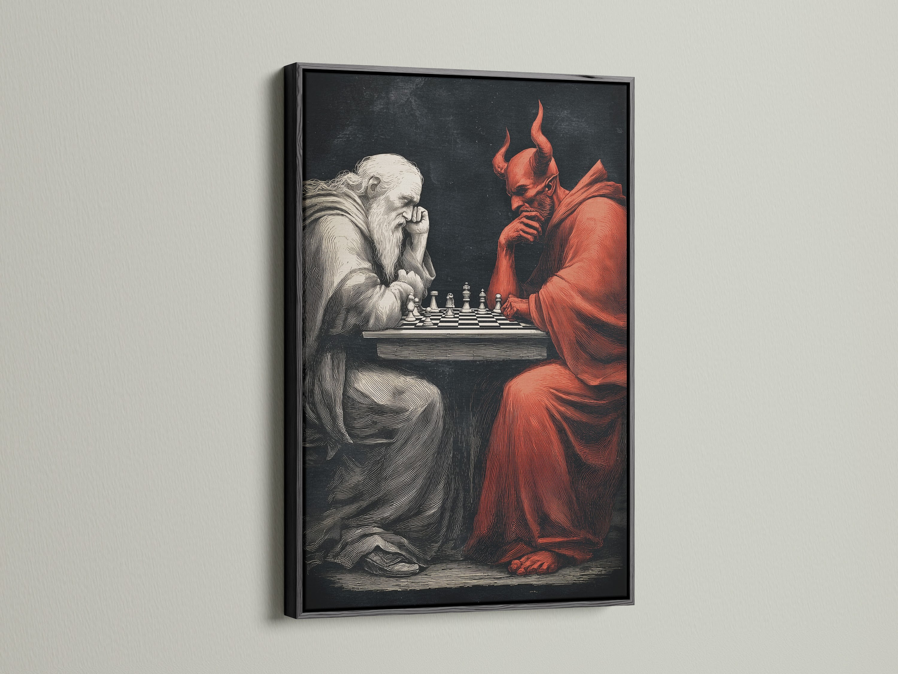 Chess Master Canvas Print in a black frame. This devil art print adds intrigue to any room. Ideal for themed spaces and man caves. The chess game art symbolizes good vs evil. A perfect piece for chess enthusiasts.