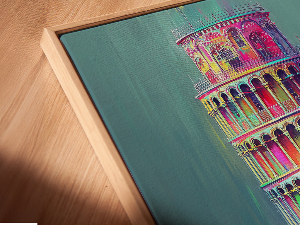 A canvas print is displayed in a floating frame. The Leaning Tower of Pisa artwork seems to float within the frame. This modern canvas art option adds depth. Explore floating frames for your fine art prints