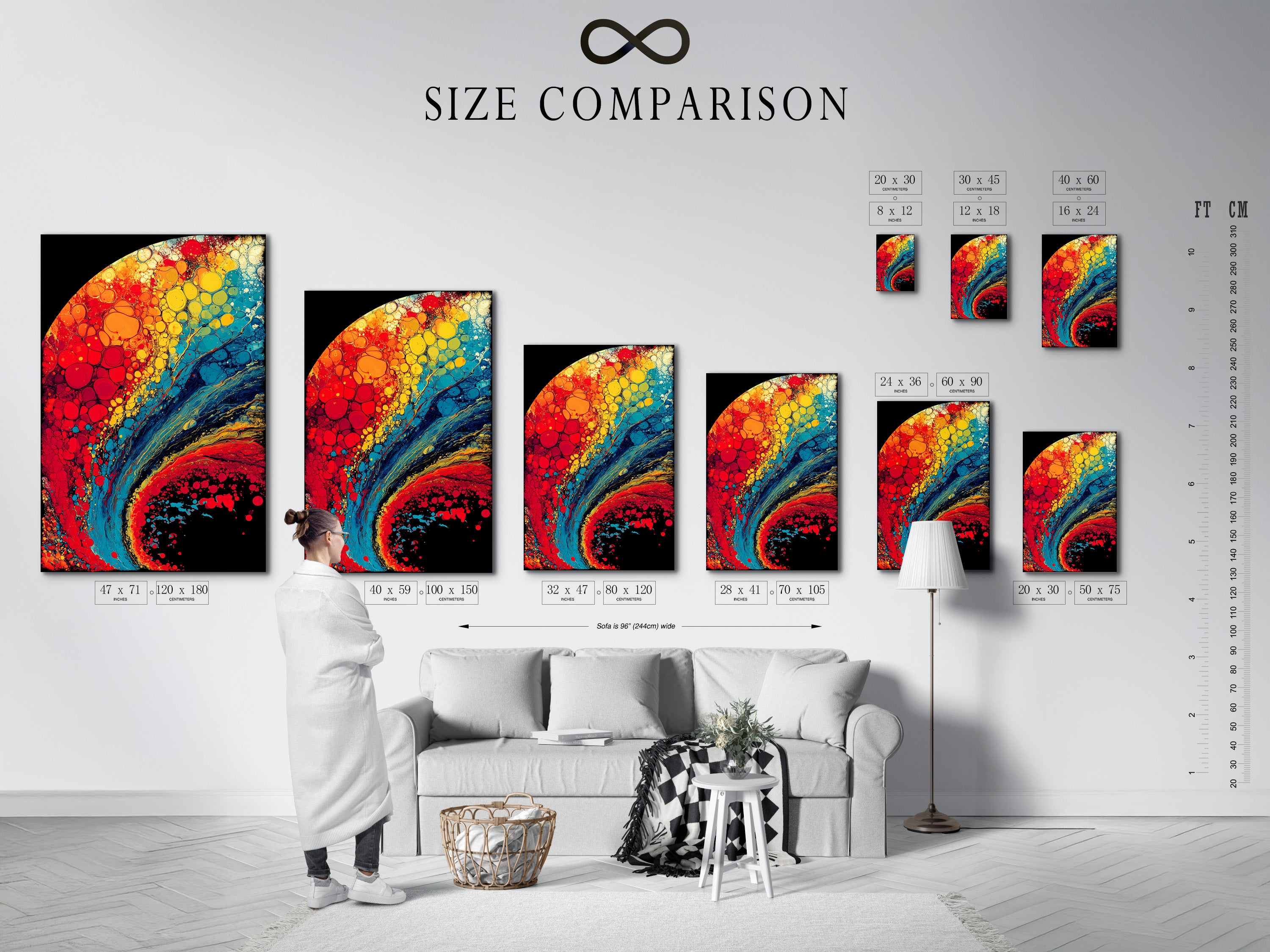 Here is a size comparison chart in an interior setting. Visualize how different sizes of artwork will look in your home. This chart helps you choose the perfect dimensions for your space. Make informed decisions about artwork sizing.