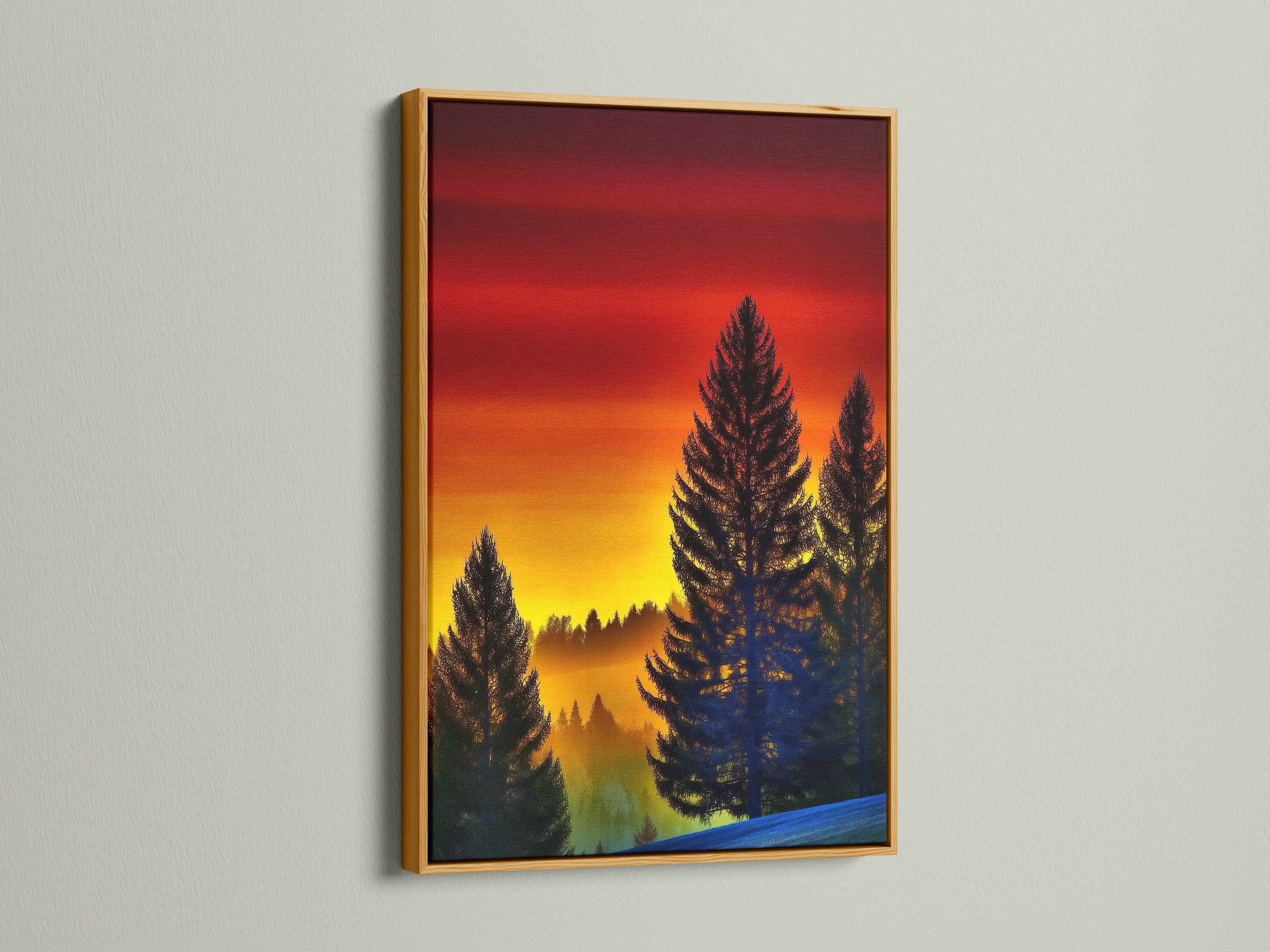 A luxurious forest sunset artwork in a gold frame. This nature print brings a touch of elegance to any space. The warm tones and pine tree artwork create a serene atmosphere. Ideal for enhancing bedroom decor or adding a rustic touch to living rooms. Elevate your home with this stunning landscape.