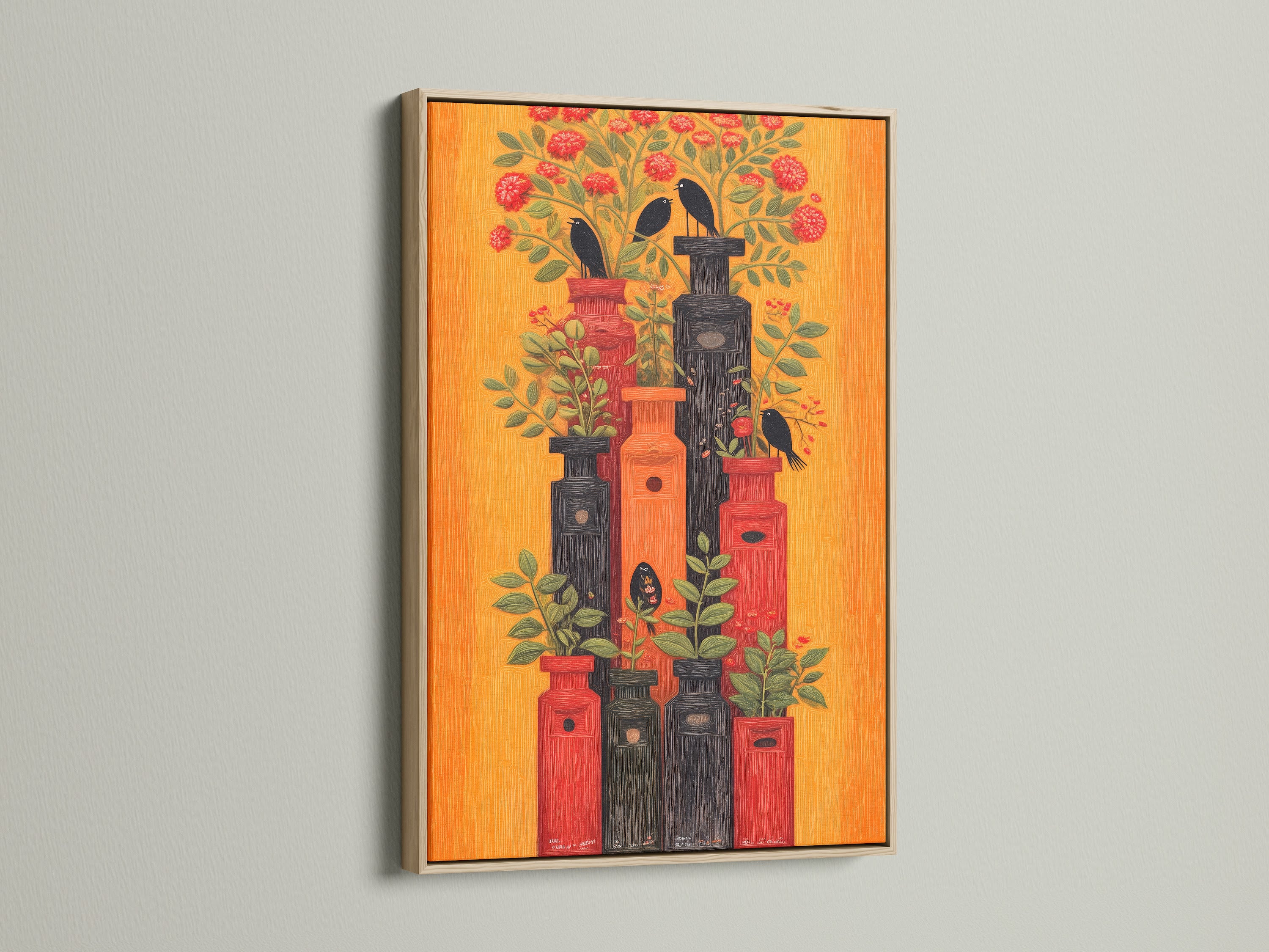 Botanical Birds Canvas Print in an oak frame. This retro floral wall art features an orange and red birdhouse artwork. Perfect eclectic decor for a nature-inspired study. This bird illustration makes a unique gift.