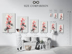 Size comparison chart displayed in an interior setting. The lotus flower artwork is shown in various sizes. Visualize the perfect fit for your space. Choose the ideal size for your wall decor needs.