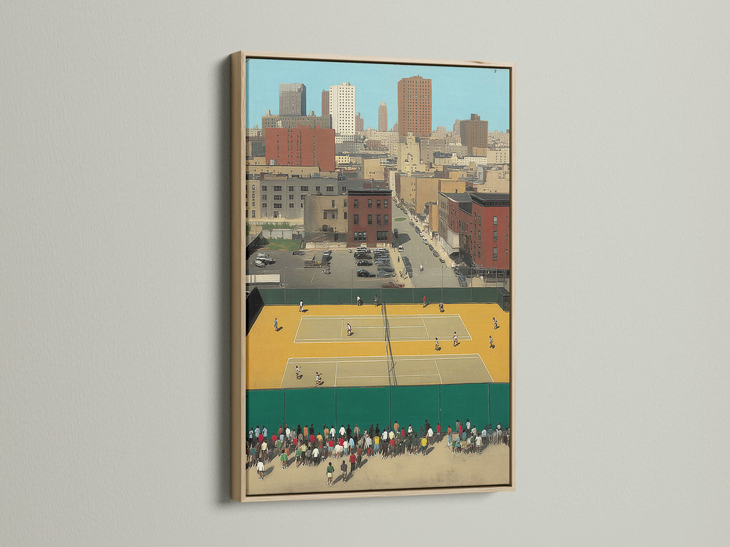 A close-up of the Urban Tennis Court vintage art. The oak frame enhances the artwork's vintage aesthetic. This city sports print is ideal for game room decor. The retro athletic art brings a minimalist touch. It's perfect for a sports bar.