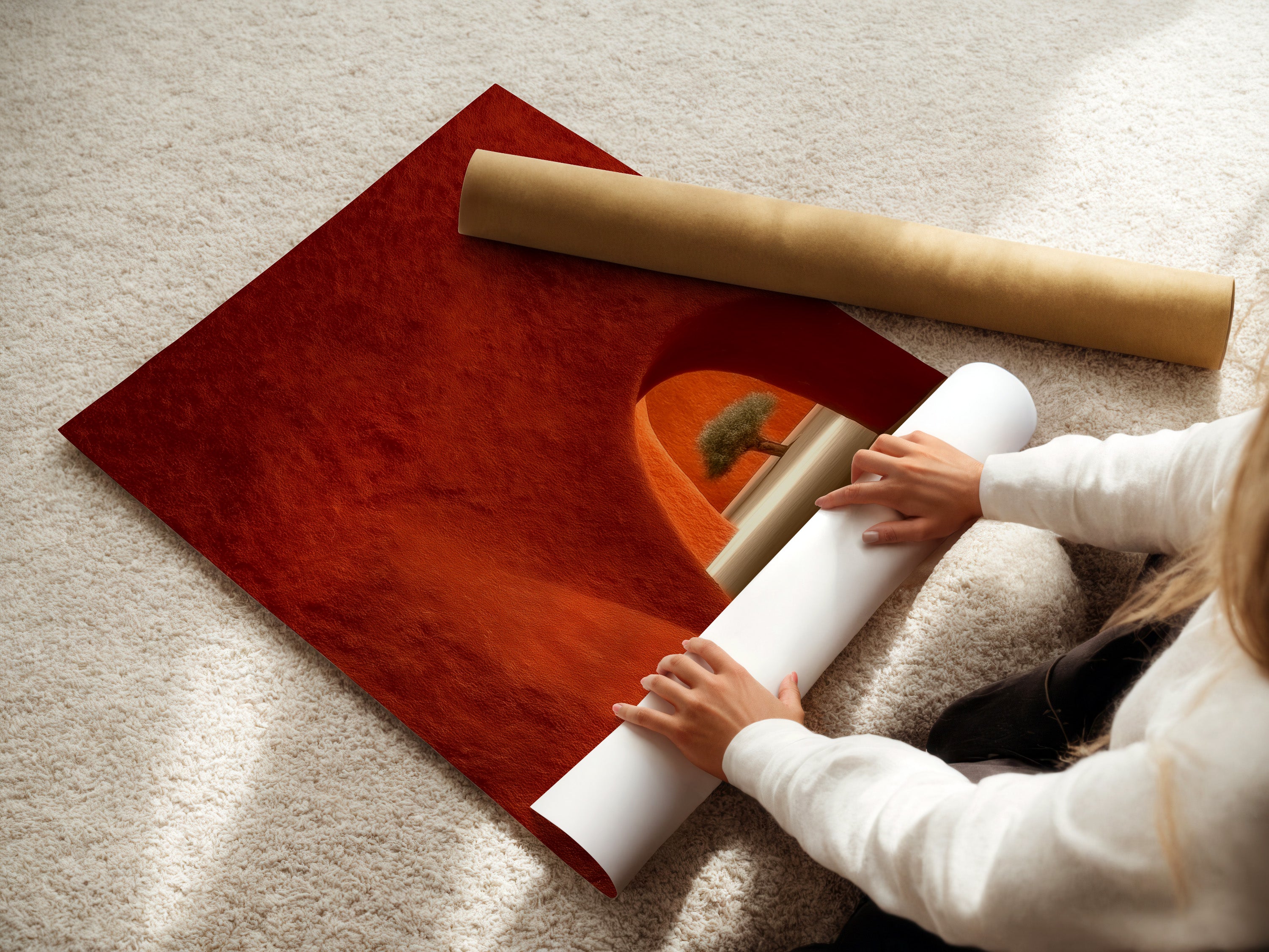 Woman carefully rolling a fine art poster paper print. Featuring desert architecture artwork. This terracotta adobe arches wall art is ideal. It is for Southwestern minimalist decor for bedrooms. High-quality paper ensures lasting beauty.
